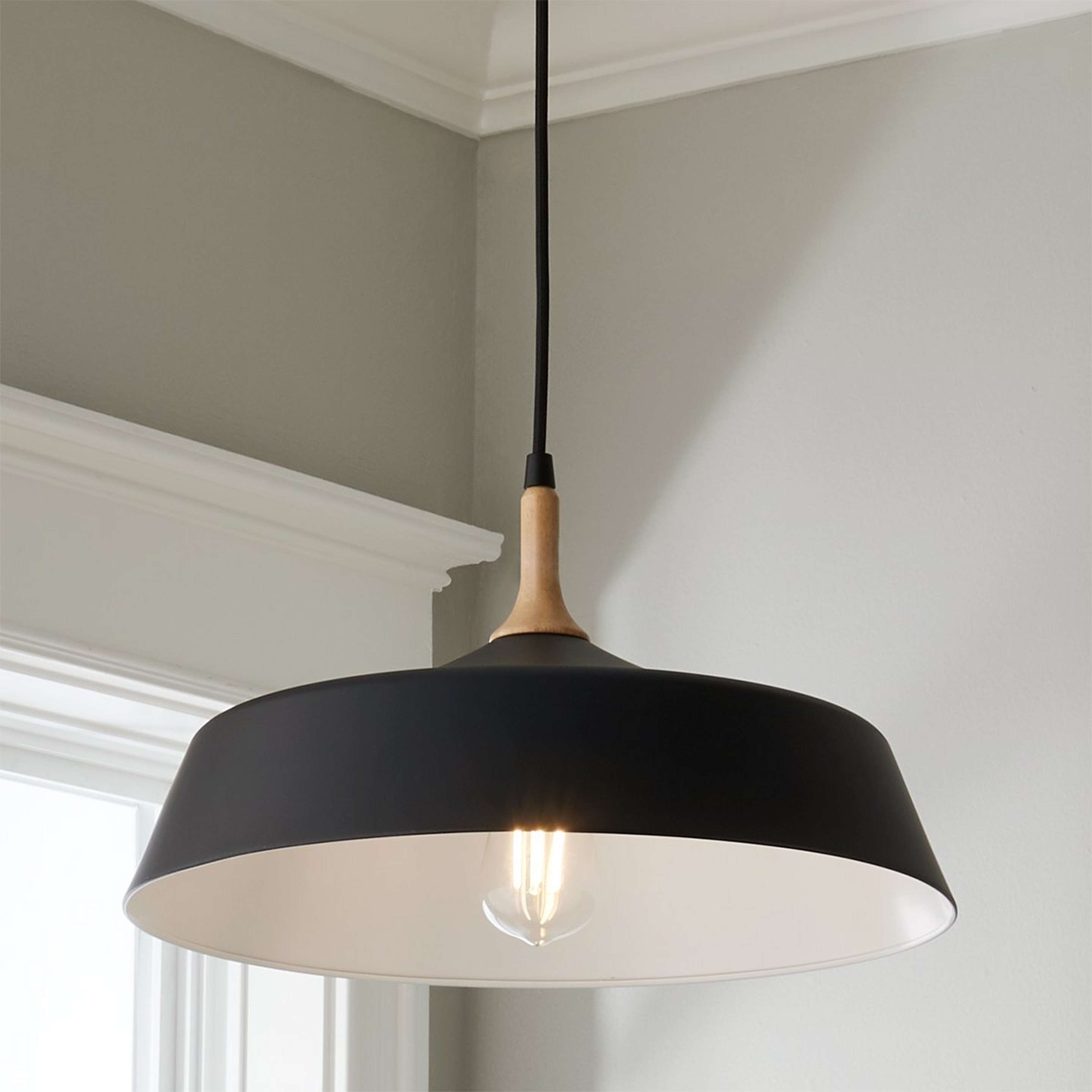 A Metal and Natural Wood Pendant with Black / Natural Wood color