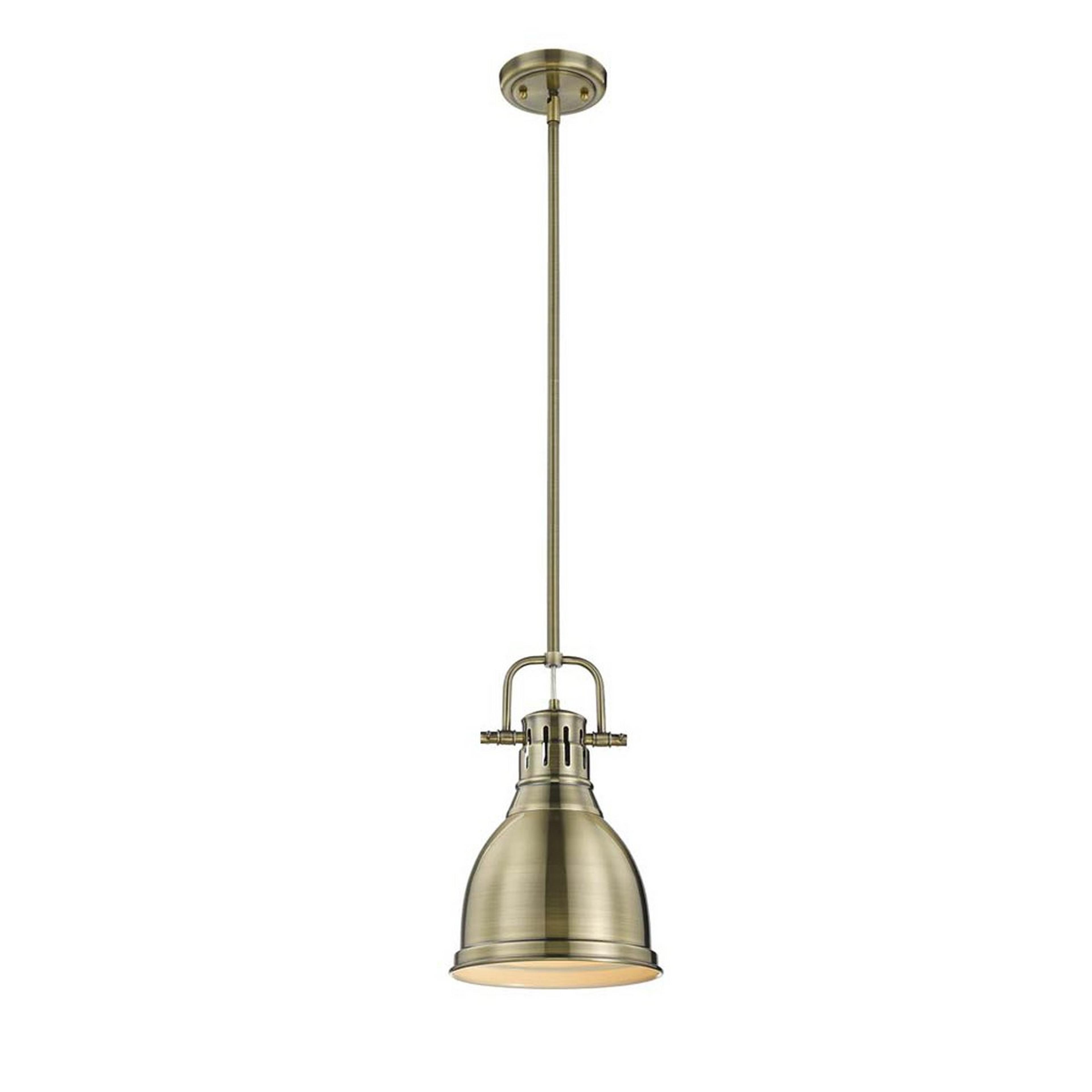 A Classic Dome Shade Pendant Light with Rod - Small with Aged Brass color