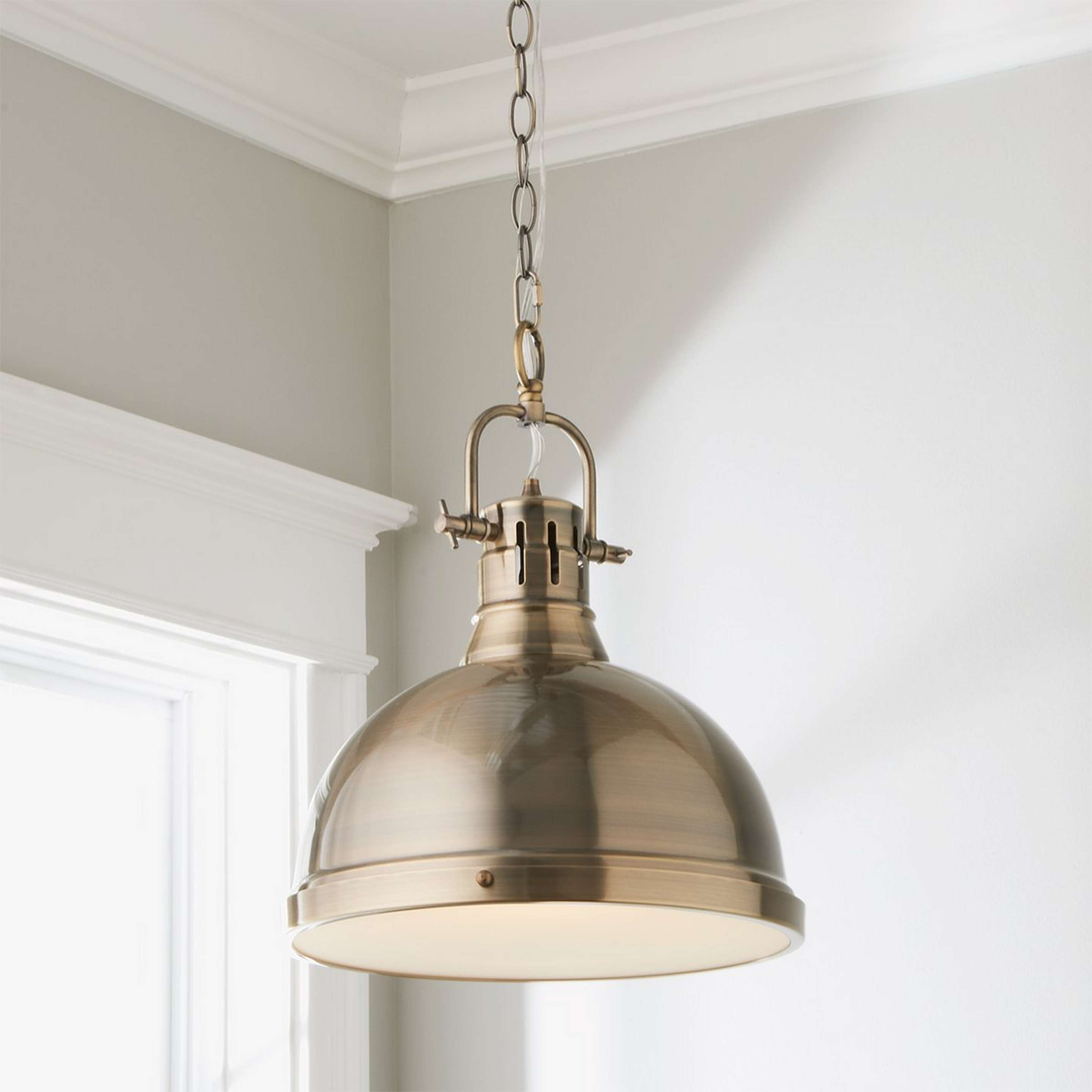 A Classic Dome Shade Pendant Light with Chain - Large with Aged Brass color
