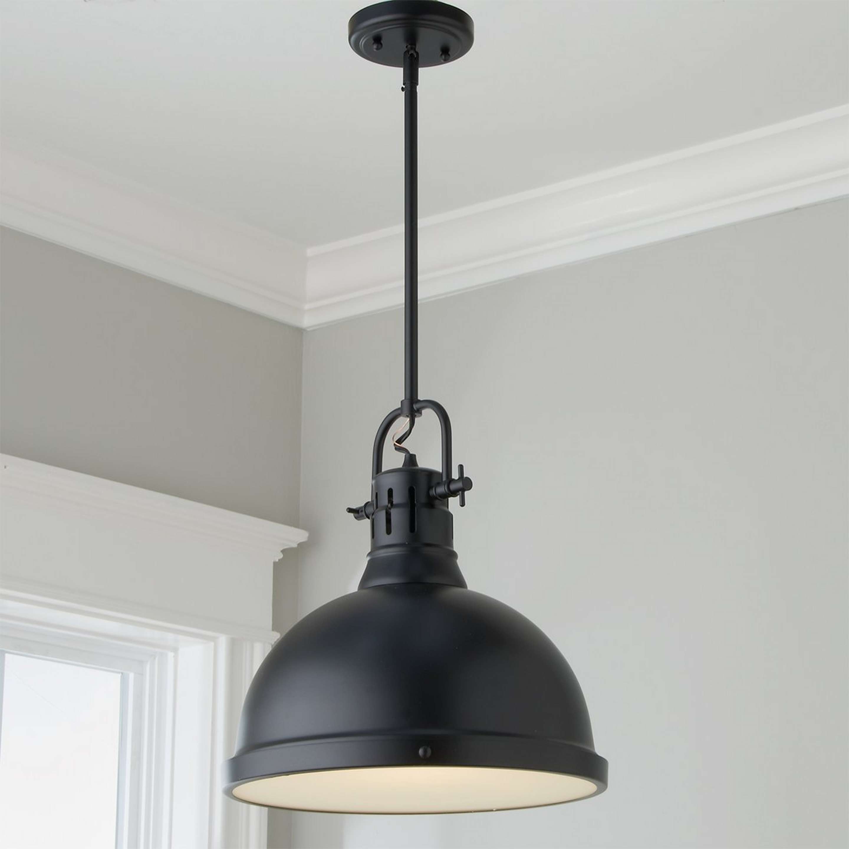 A Classic Dome Shade Pendant Light with Rod - Large with Matte Black color