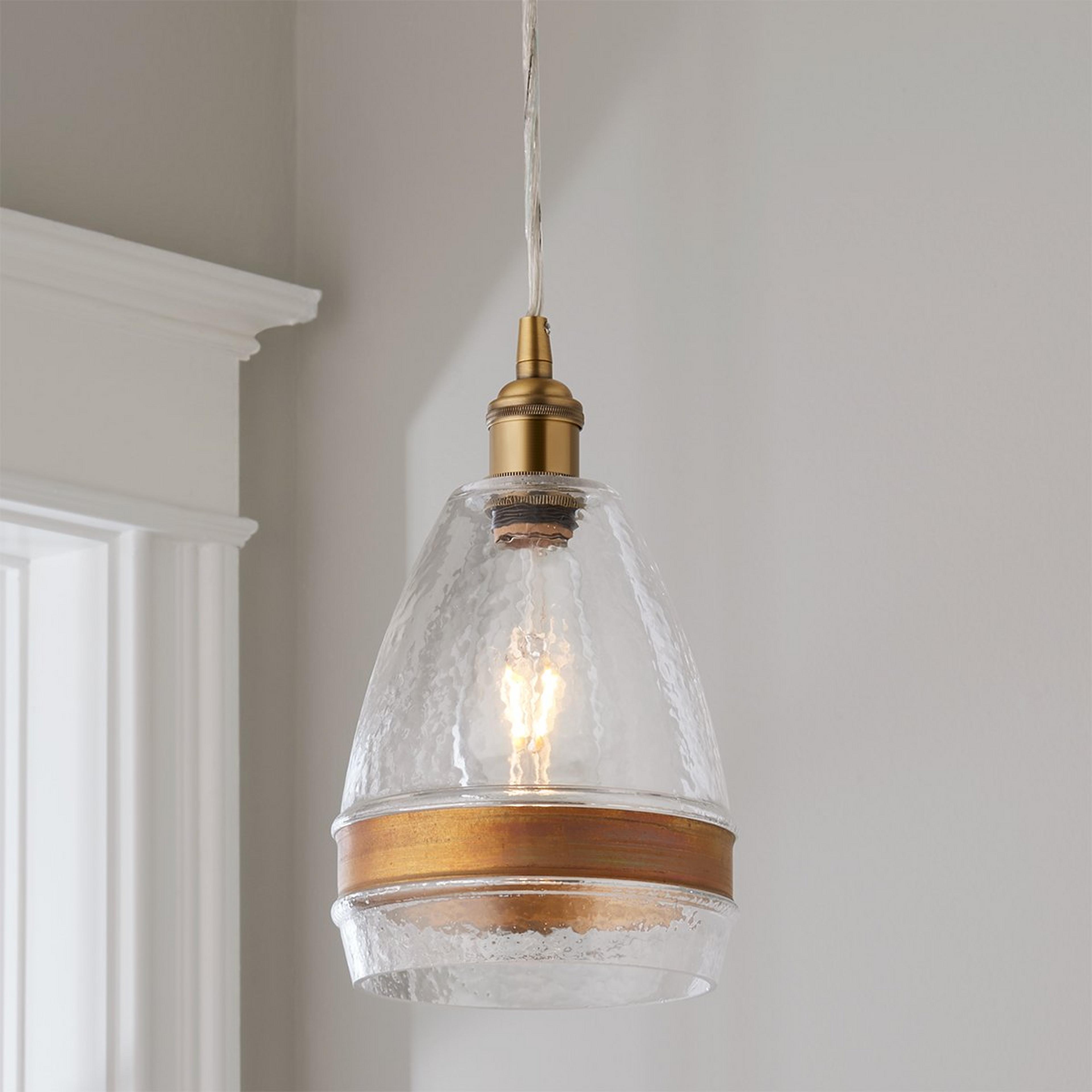 A Banded Brass Water Glass Cone Pendant with Antique Brass / Water Glass color