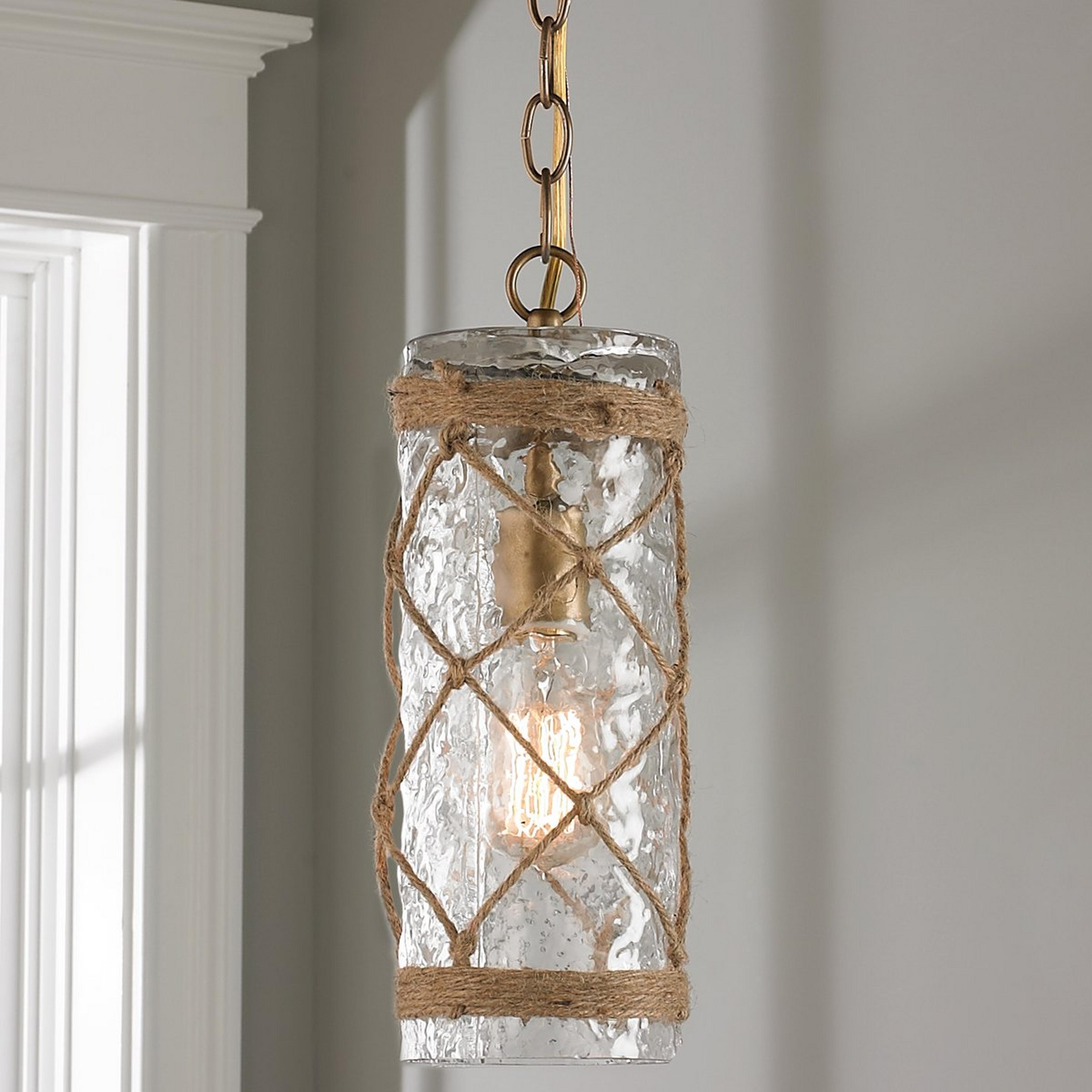 A Rope and Glass Cylinder Pendant with Antique Brass / Natural Rope / Clear color