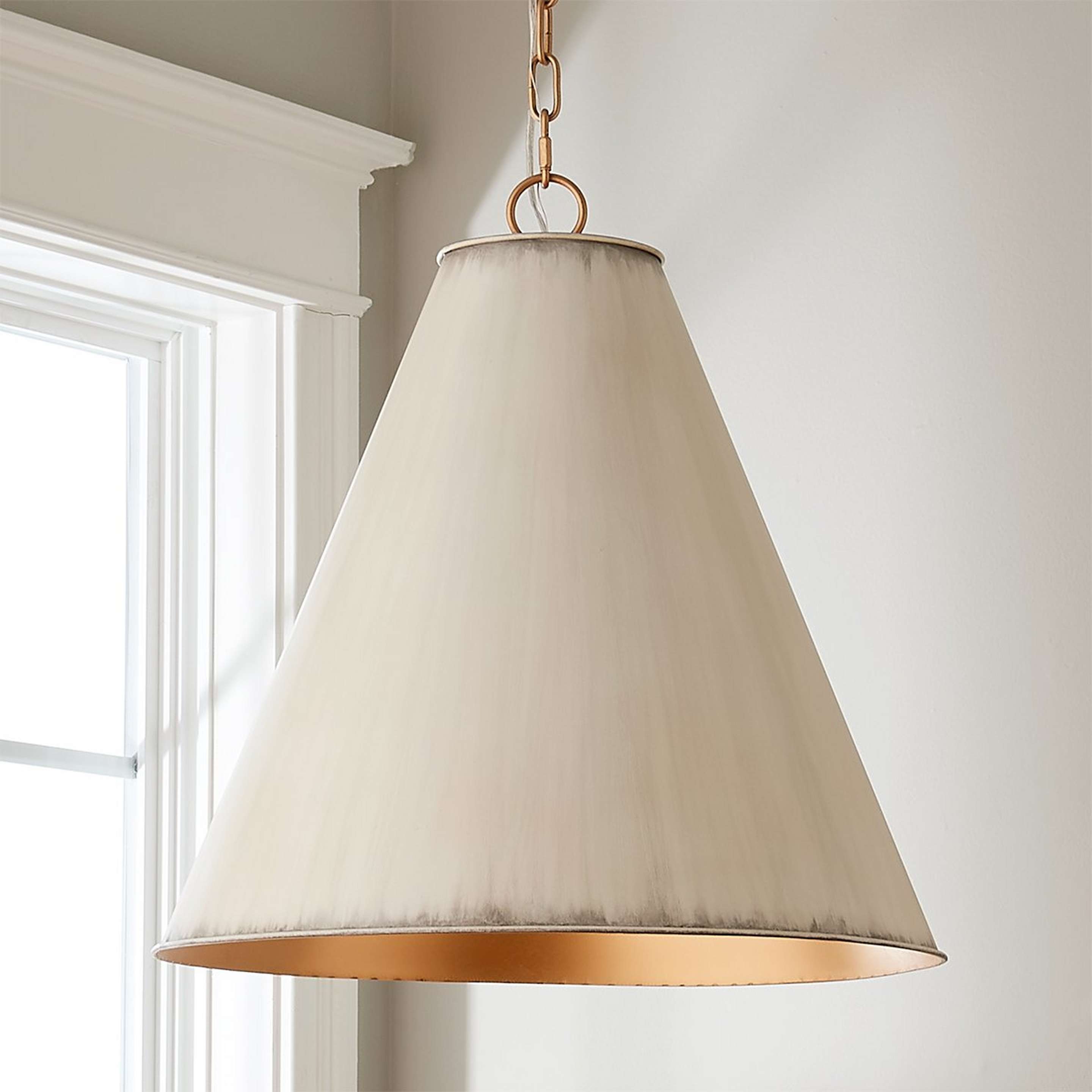 A Distressed Metal Cone Pendant with Antique White color