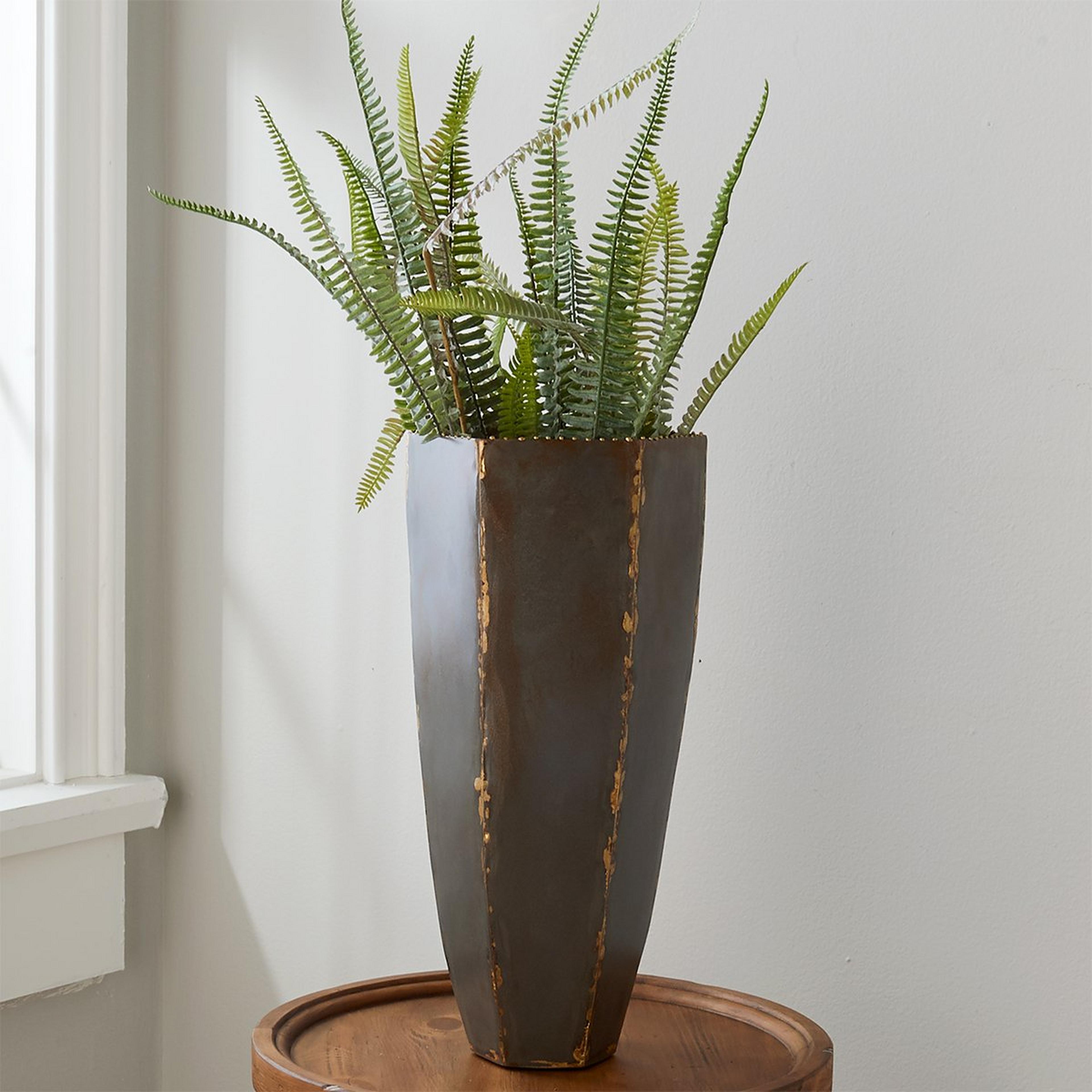 A Rustic Steel Hex Vase with Aged Steel color