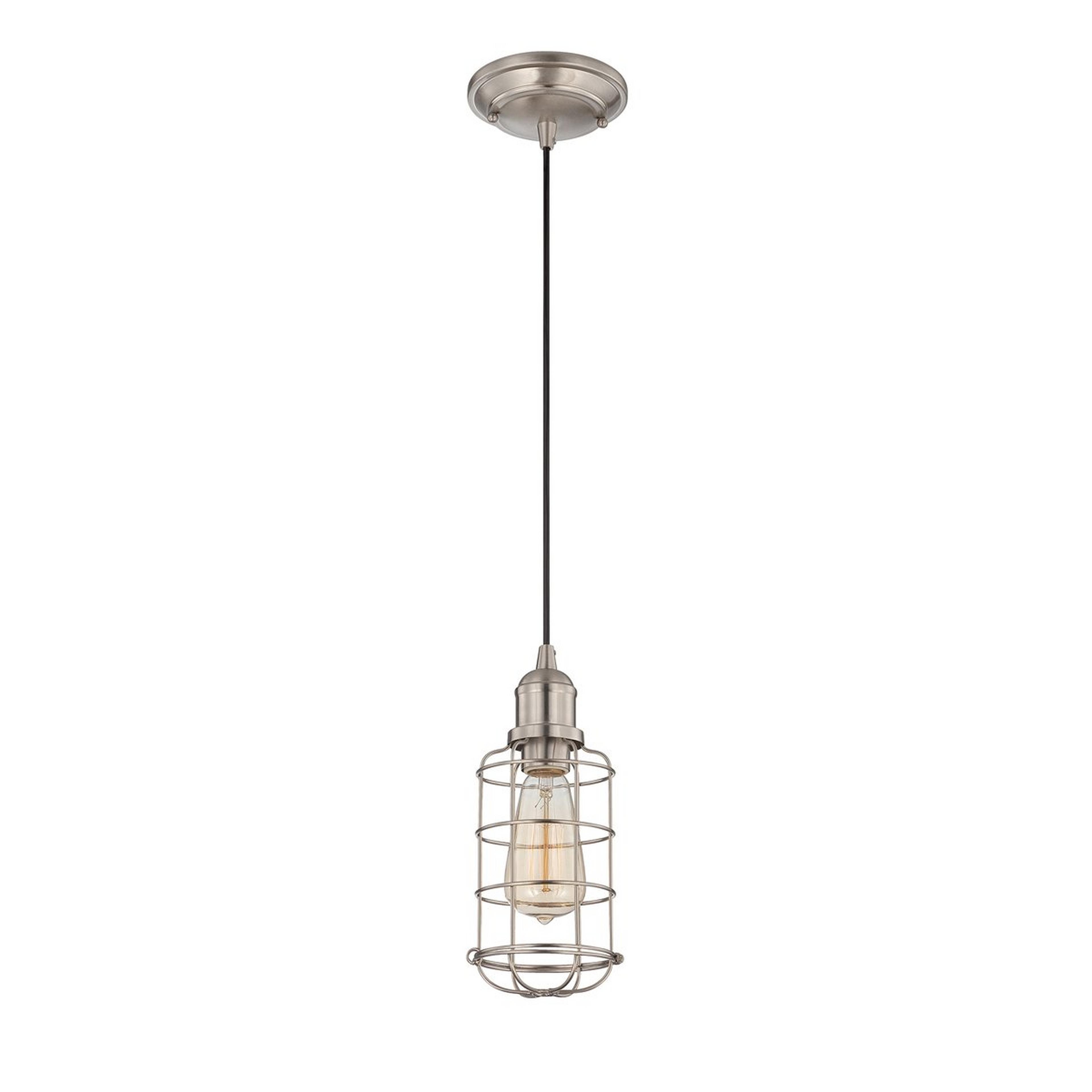 A Wire Cage Cylinder Mini Pendant with Satin Nickel color