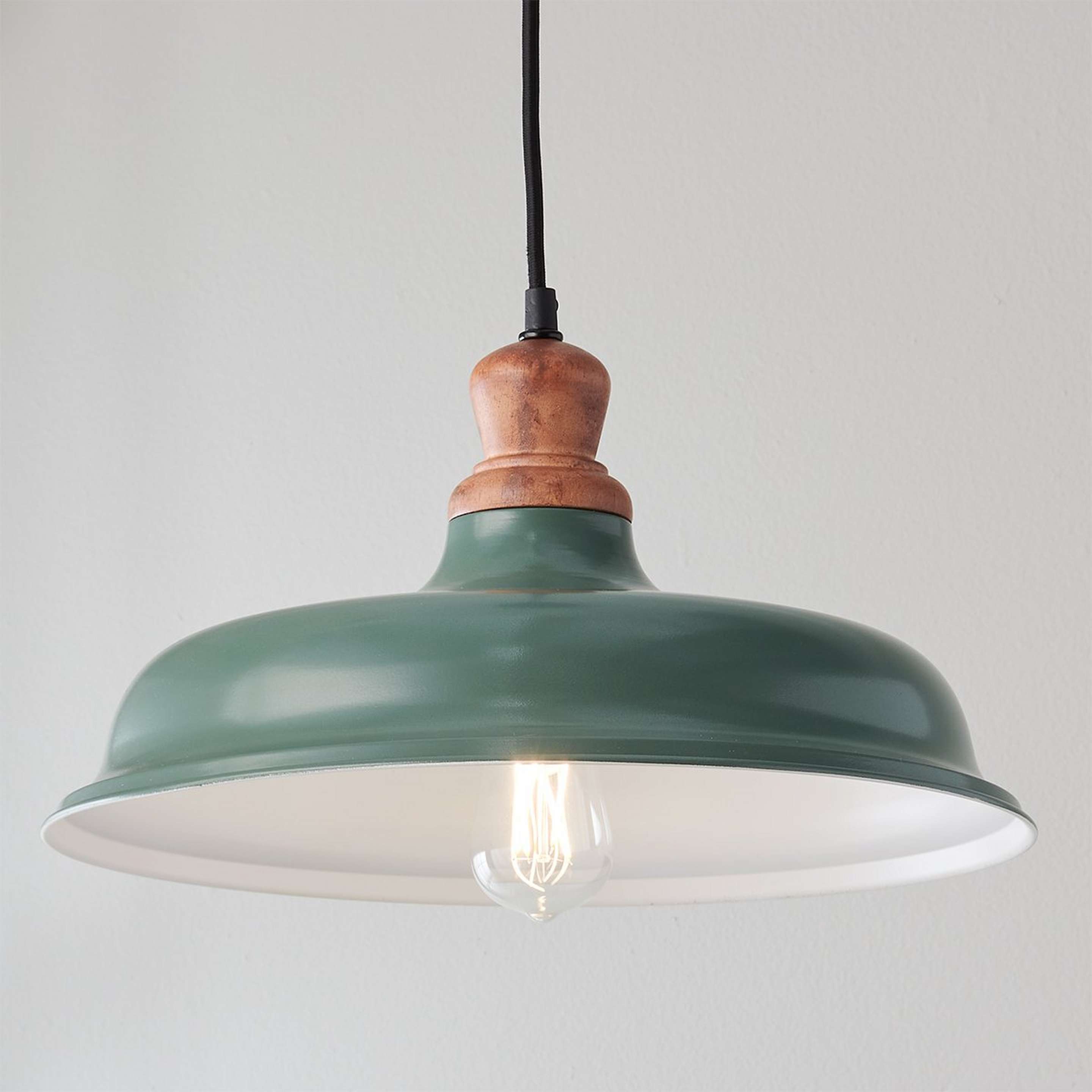 A Wood Capped Warehouse Pendant with Schoolhouse Green color