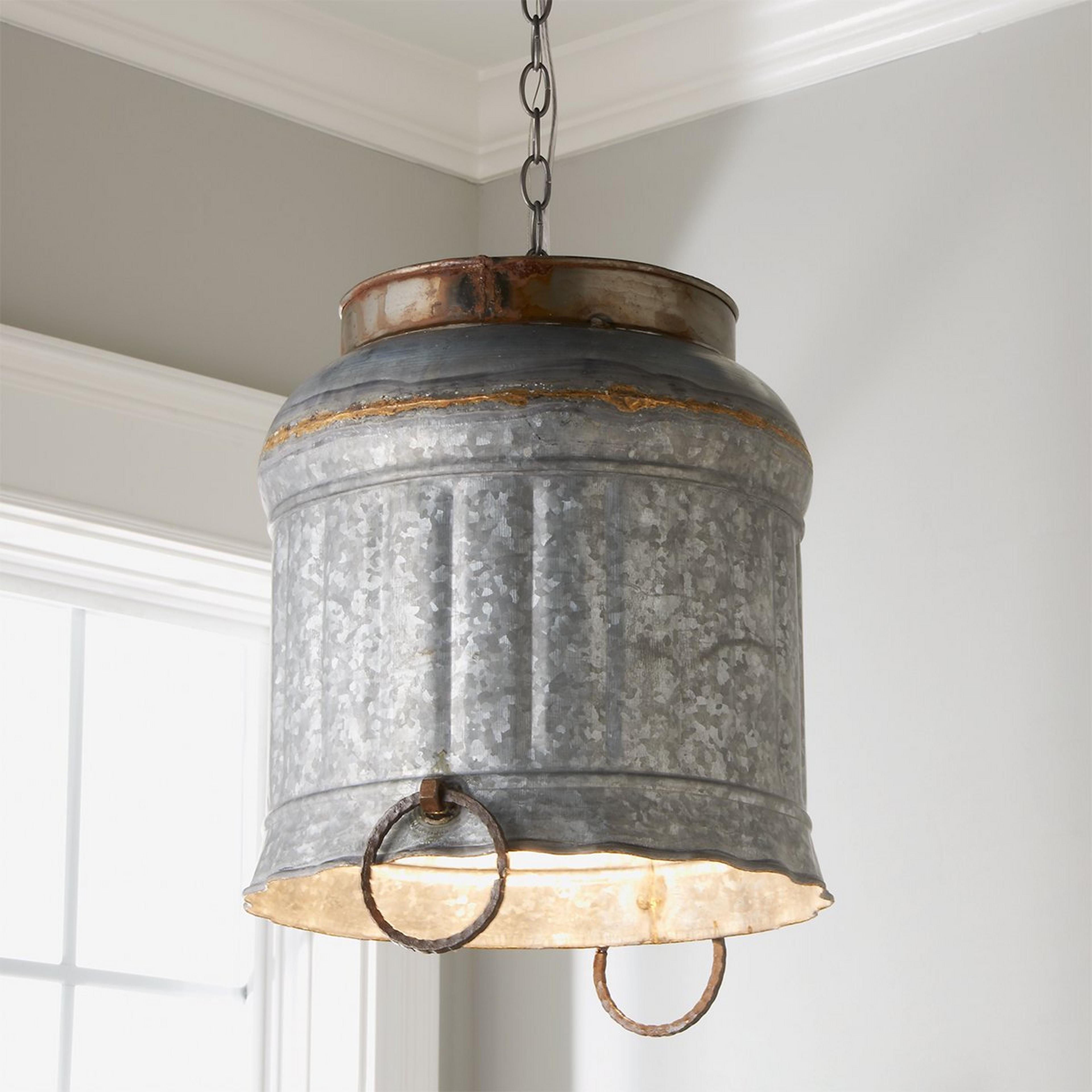 A Galvanized Ruffled Edge Pendant with Brass Edging - Medium with Silver / Gray / Brass  color