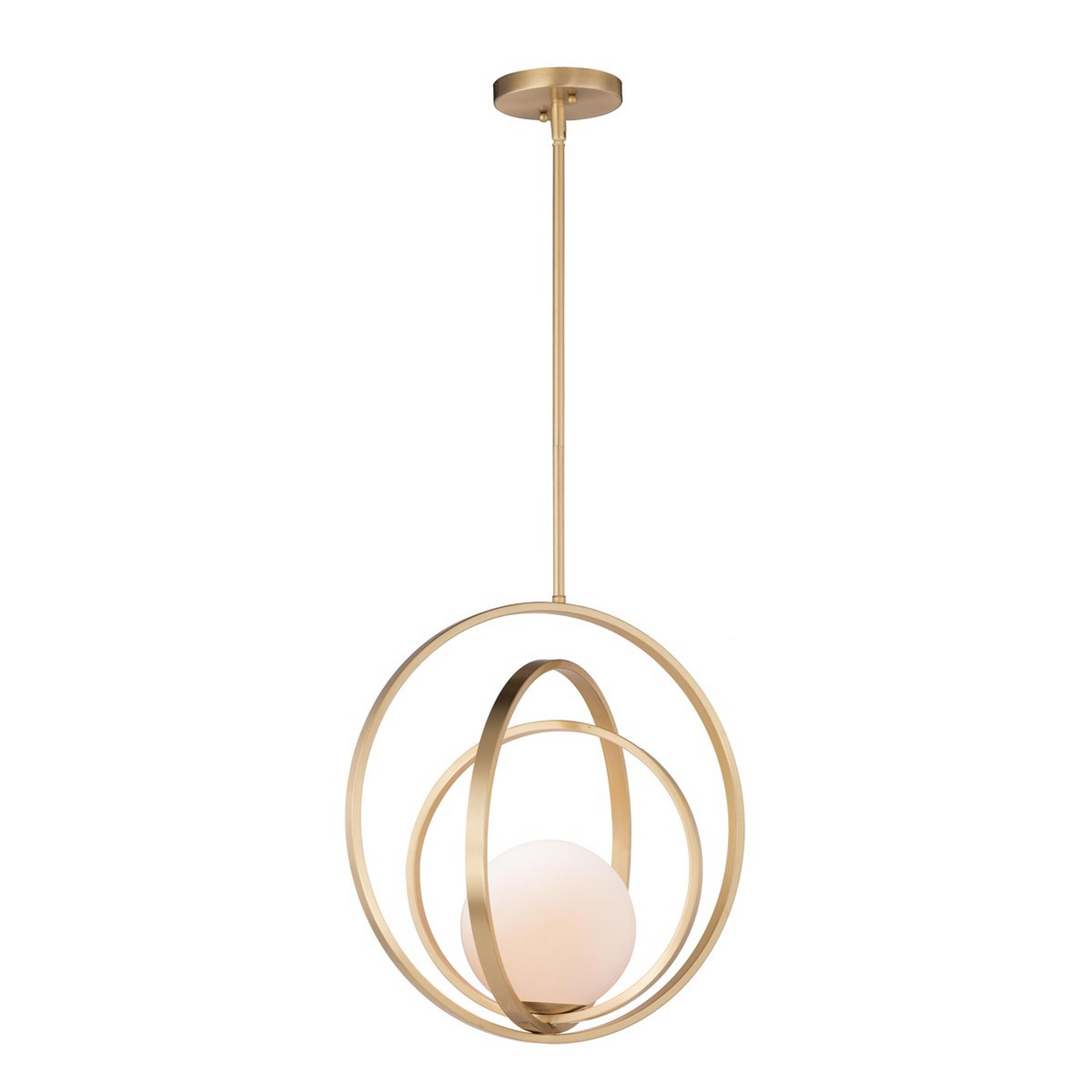 A Rings and Globe Pendant - 18" with Satin Brass / Opal Glass color