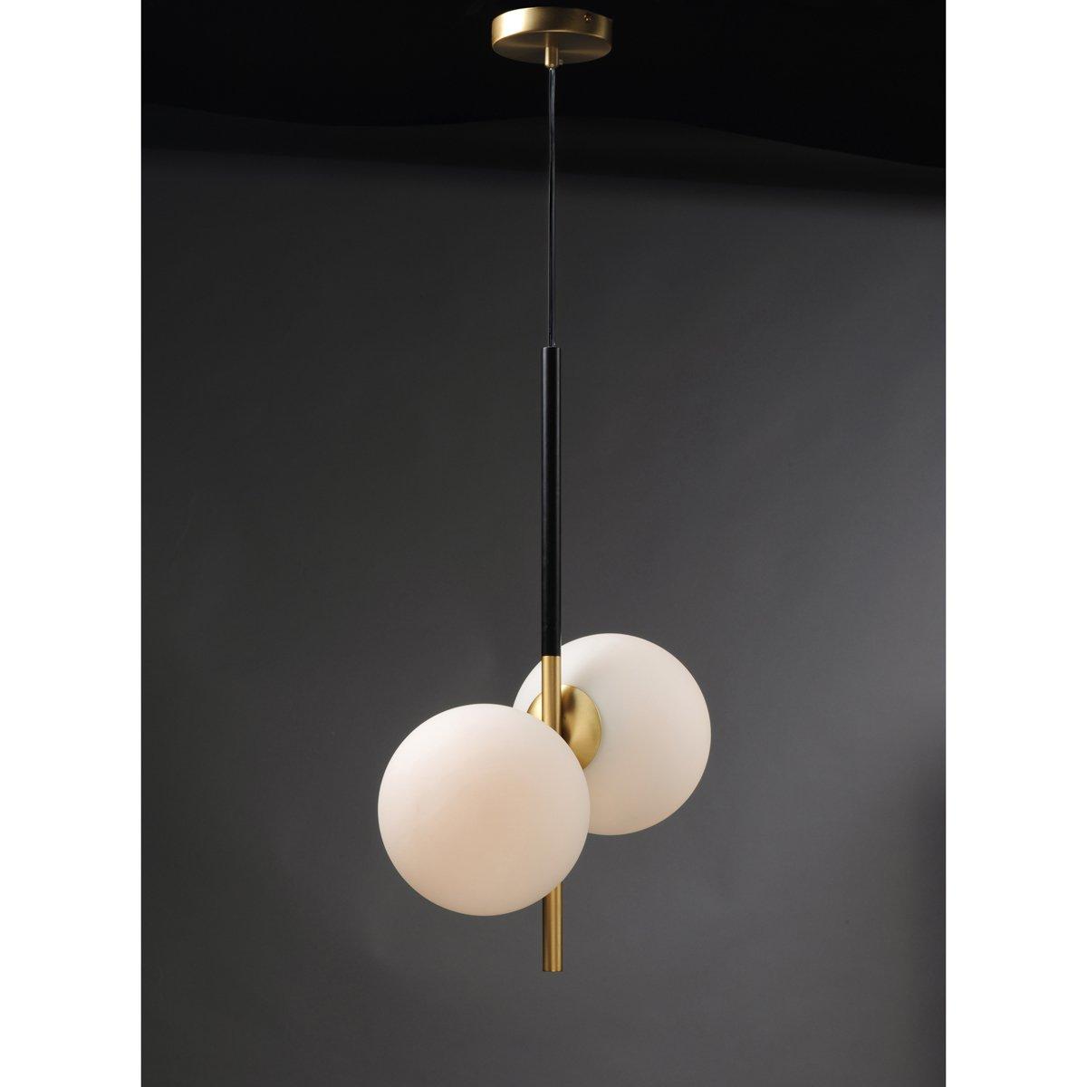 Scandinavian Mod Twin Globe Pendant 23.75 H x 20 W x 9.75 D Satin Brass Black Oval Glass Metal Pendant Lights Shades of Light
