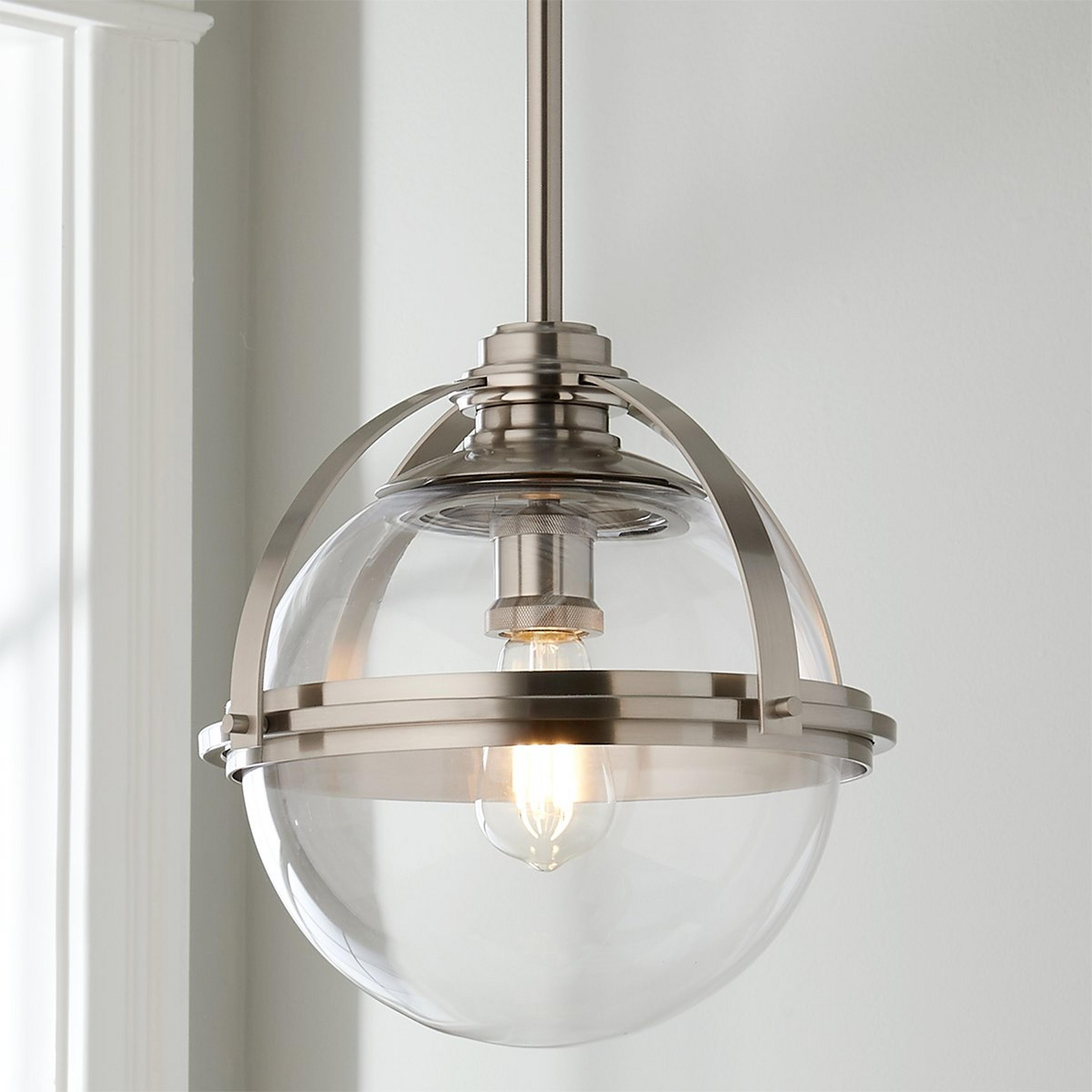 A Industrial Banded Globe Pendant - Small with Satin Nickel / Clear color