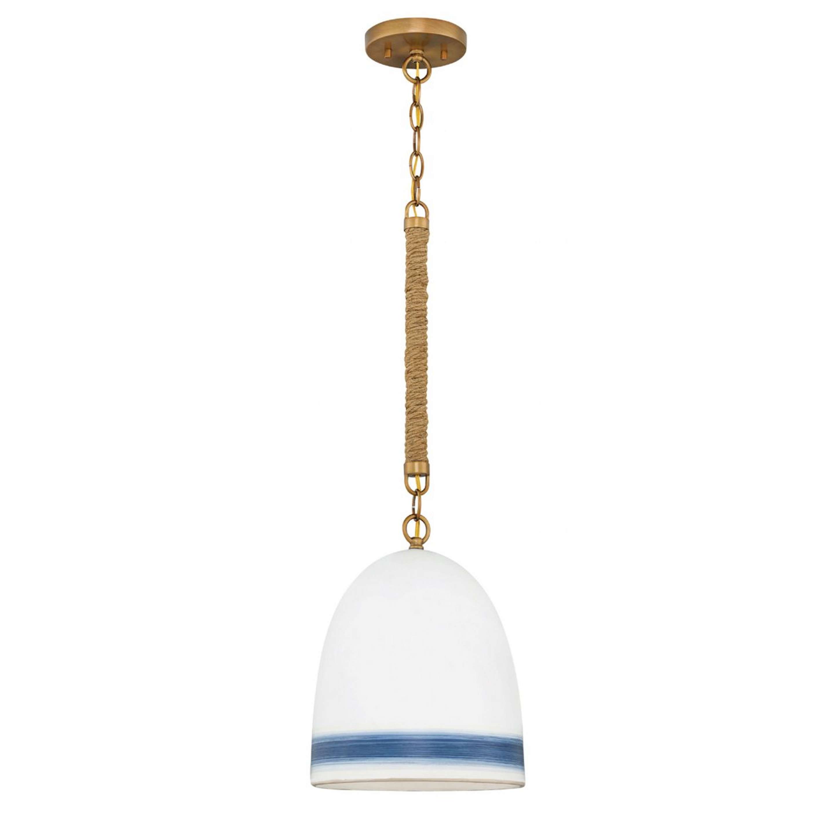 A Rope Wrapped Pendant with Darkened Brass / Rope / White / Ceramic Blue color