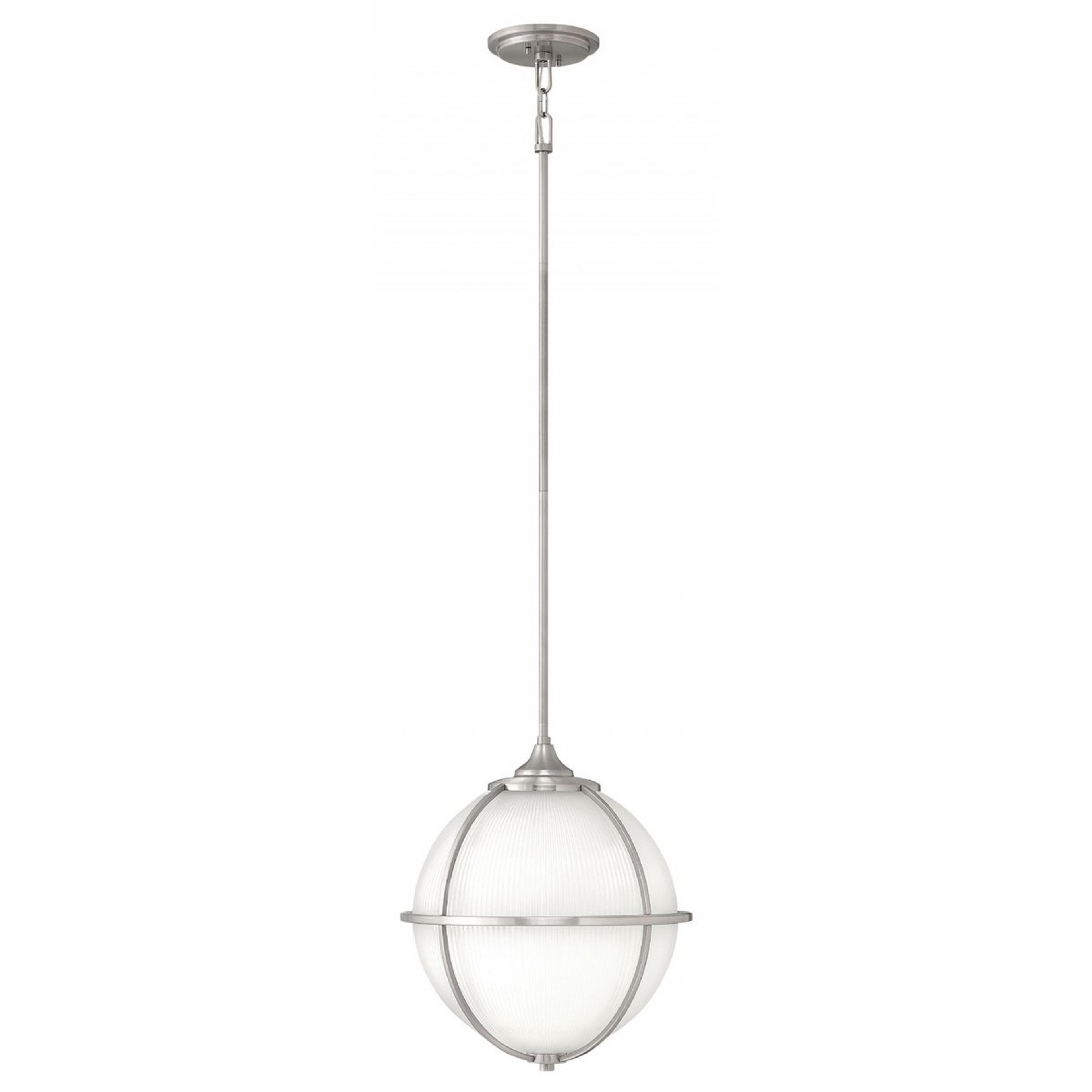 A Etched Holophane Pendant with White and Brushed Nickel color