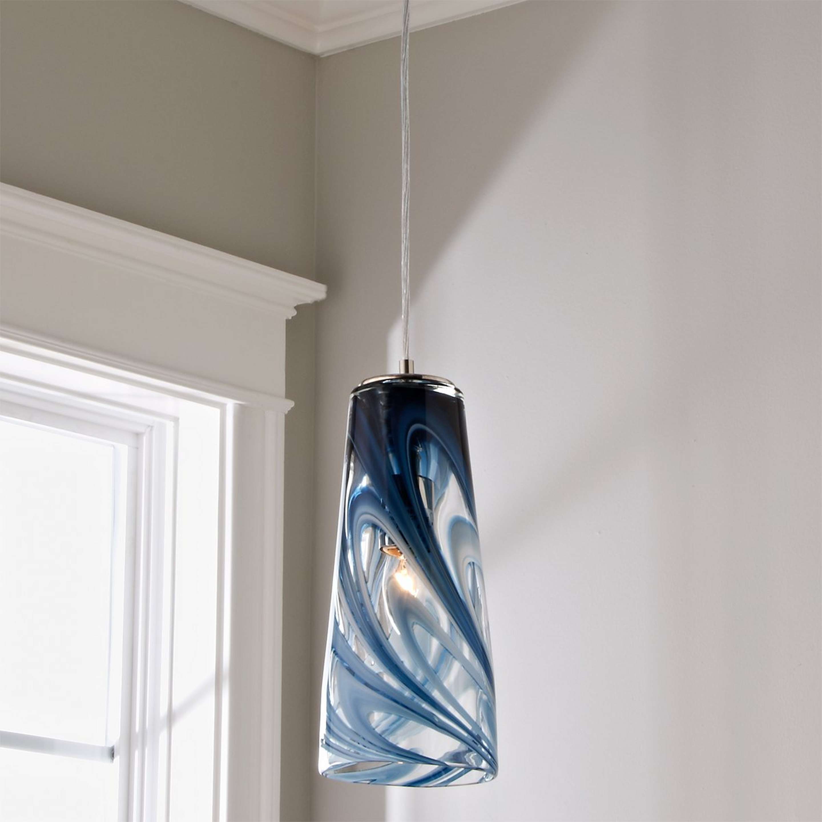 A Stormy Skies Tapered Art Glass Pendant with Chrome / Stormy Blue color
