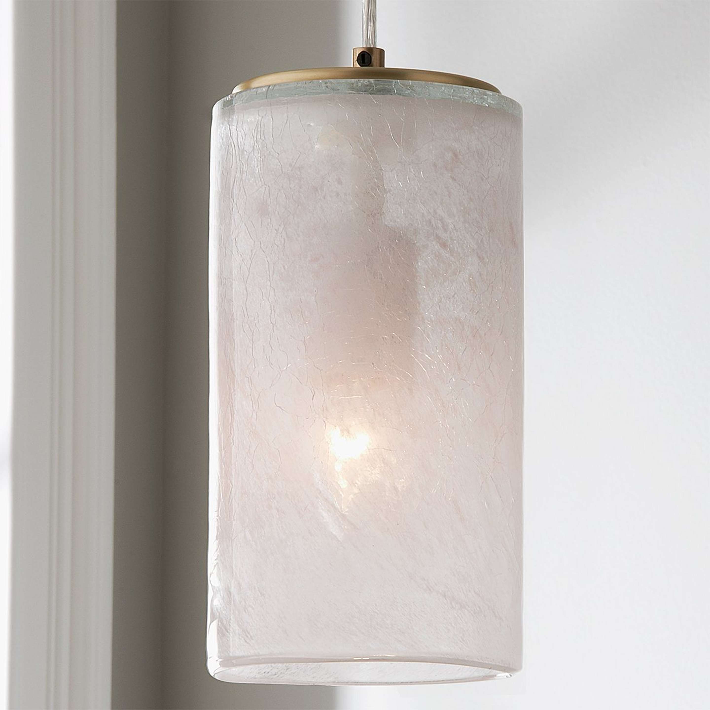 A Blush Cylinder Pendant - Small with Brushed Brass / Quartz Pink color