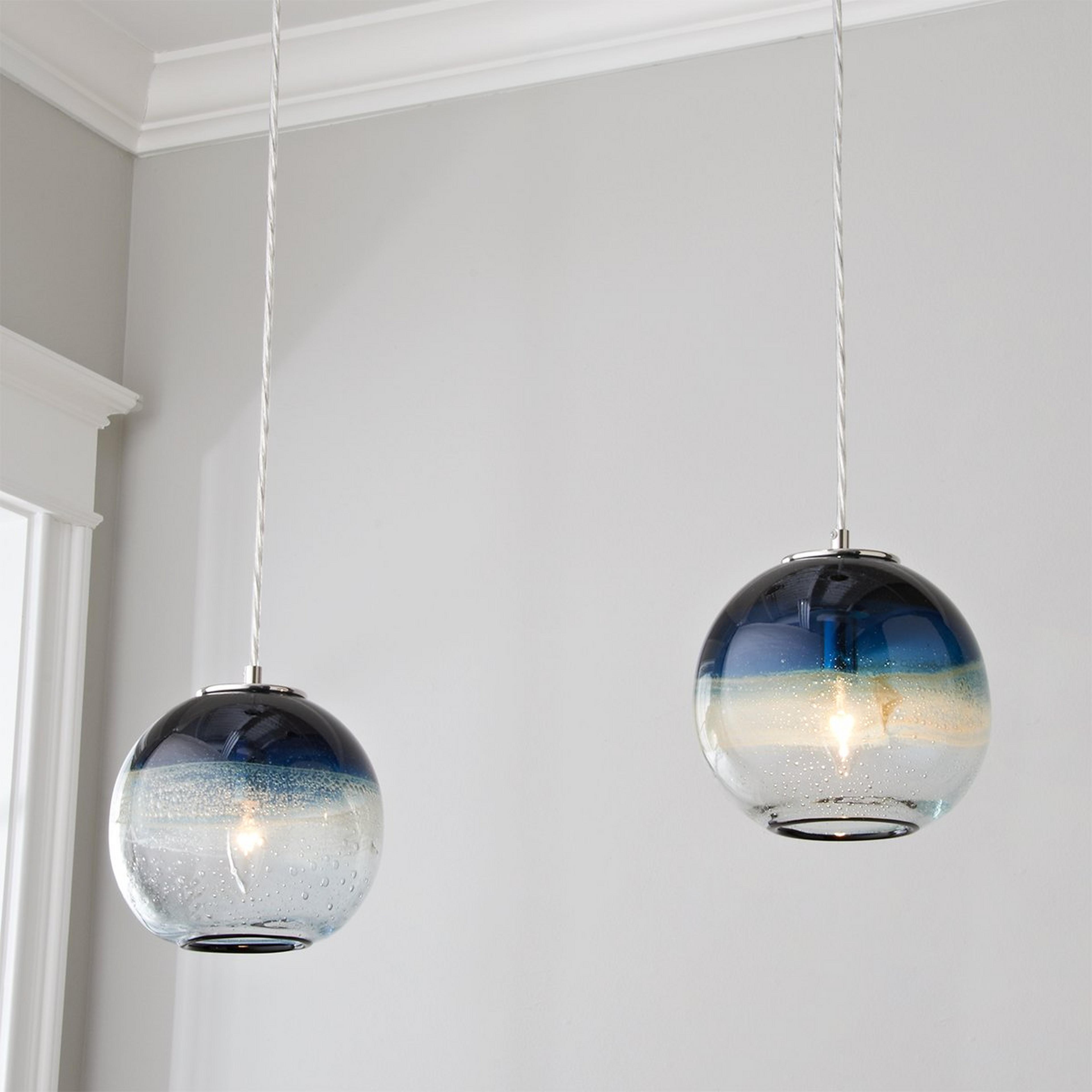 A Sea and Sand Globe Art Glass Pendant with Chrome / Blue / Sand / Seeded Clear  color