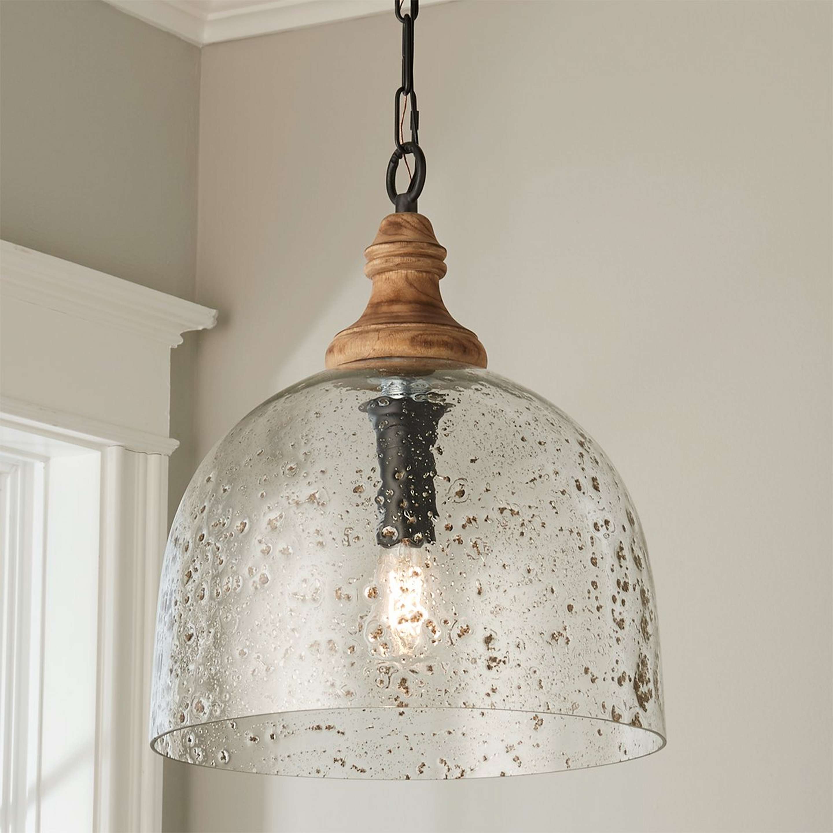 A Bozeman Pendant with Gunmetal / Light Wood / Seedy Glass color