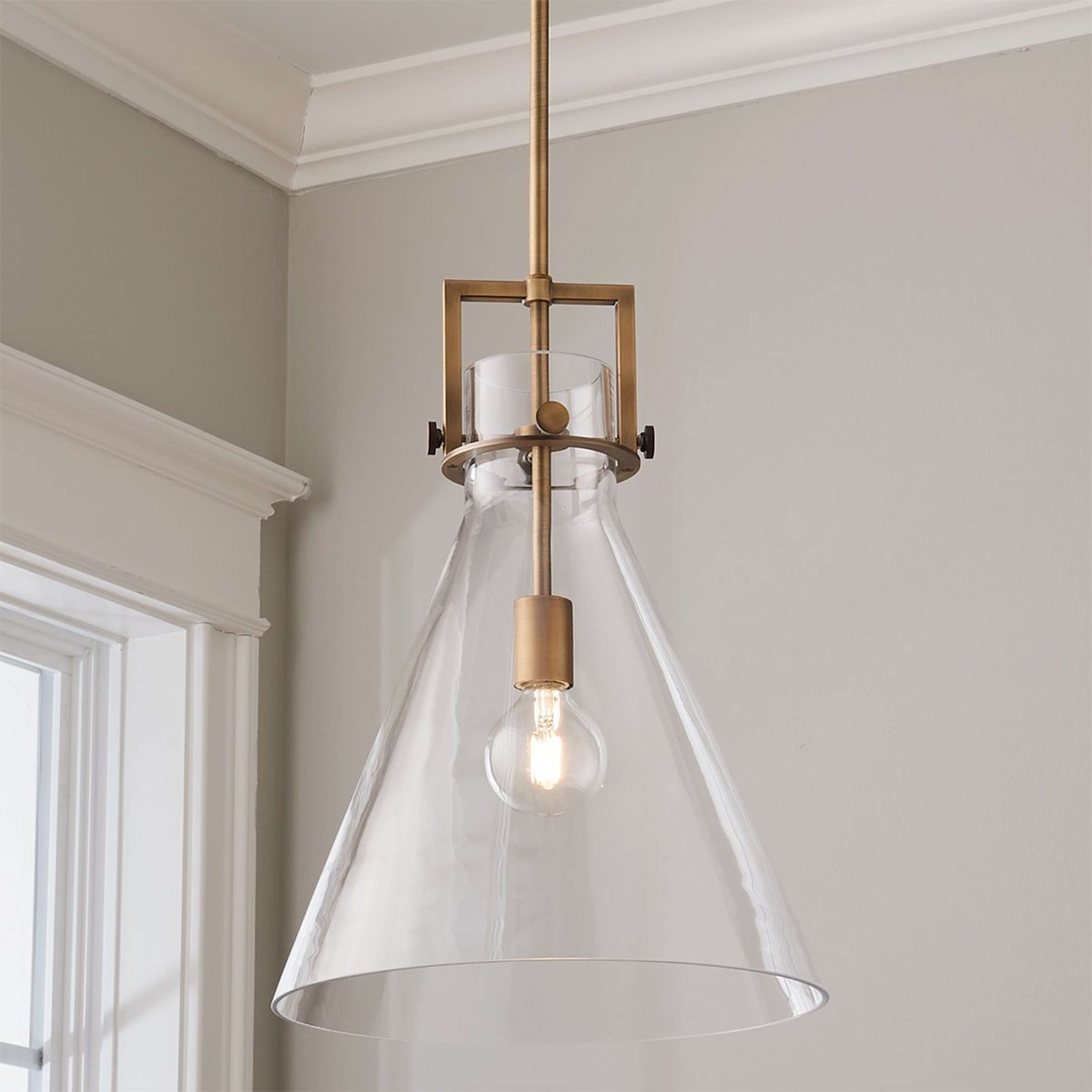 A Urban Beaker Pendant - Medium with Brushed Brass / Clear Glass color