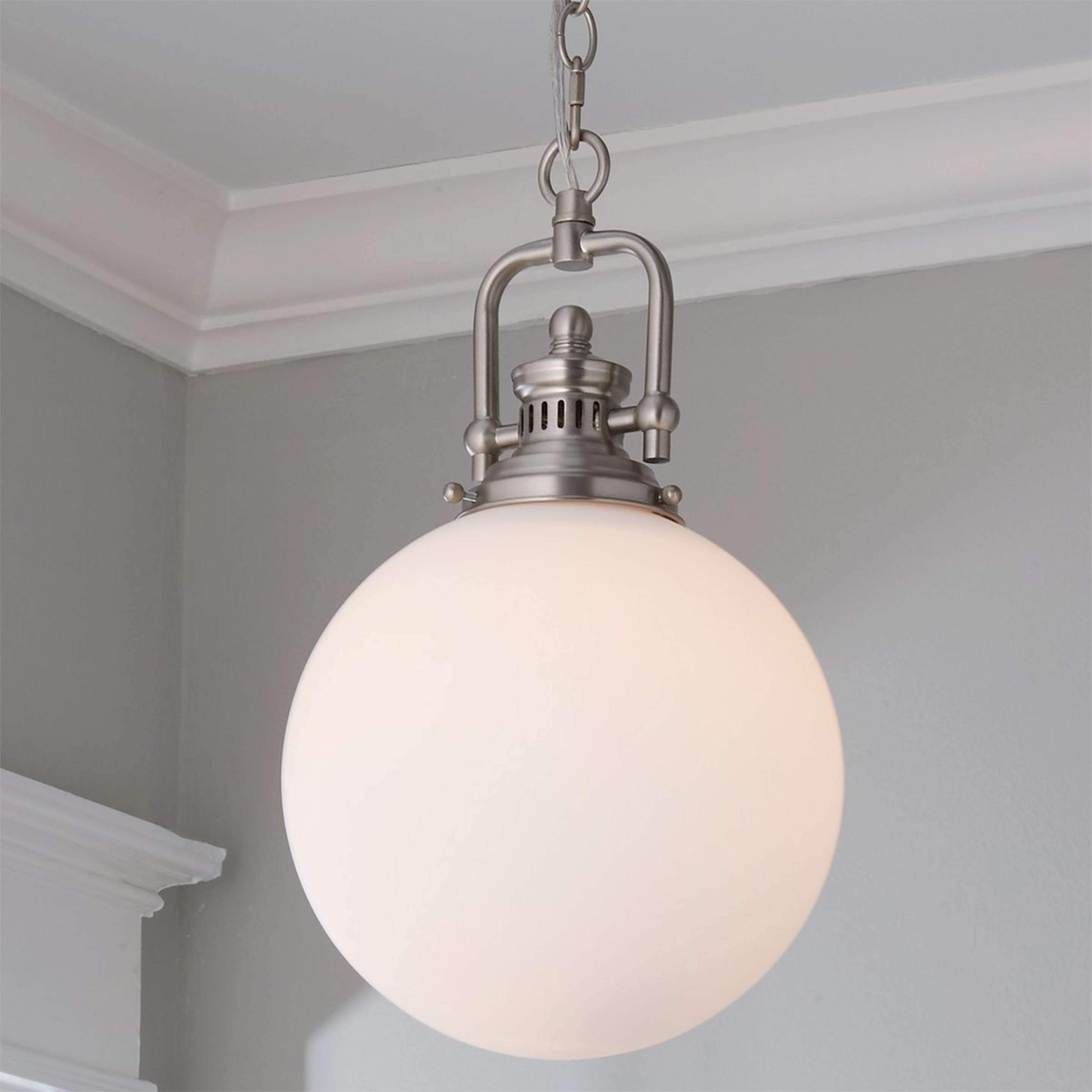 A Opal Glass Globe Industrial Pendant with Satin Nickel / Opal Glass color