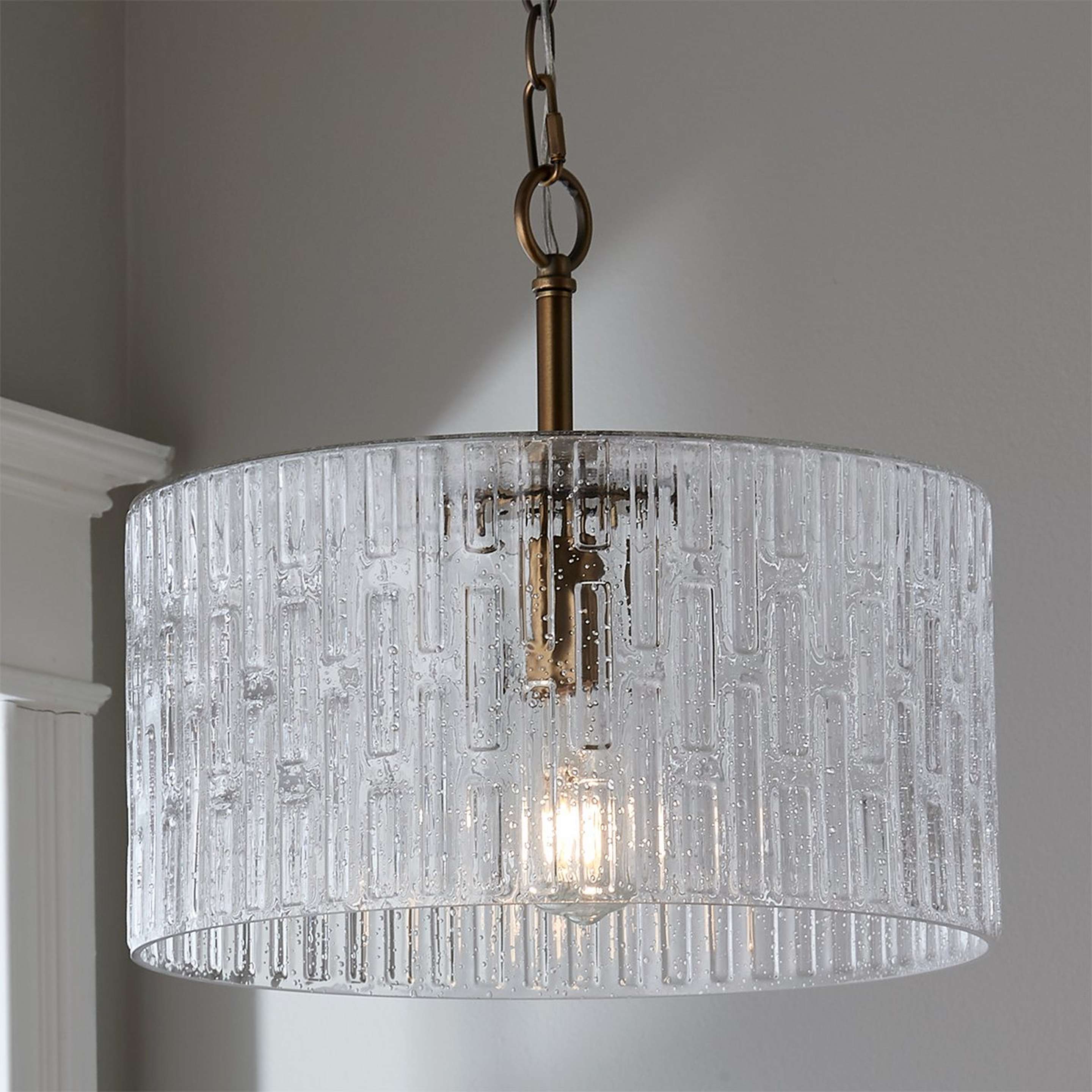 A Radcliffe Convertible Ceiling Light with Aged Brass / Textured Seedy Glass color