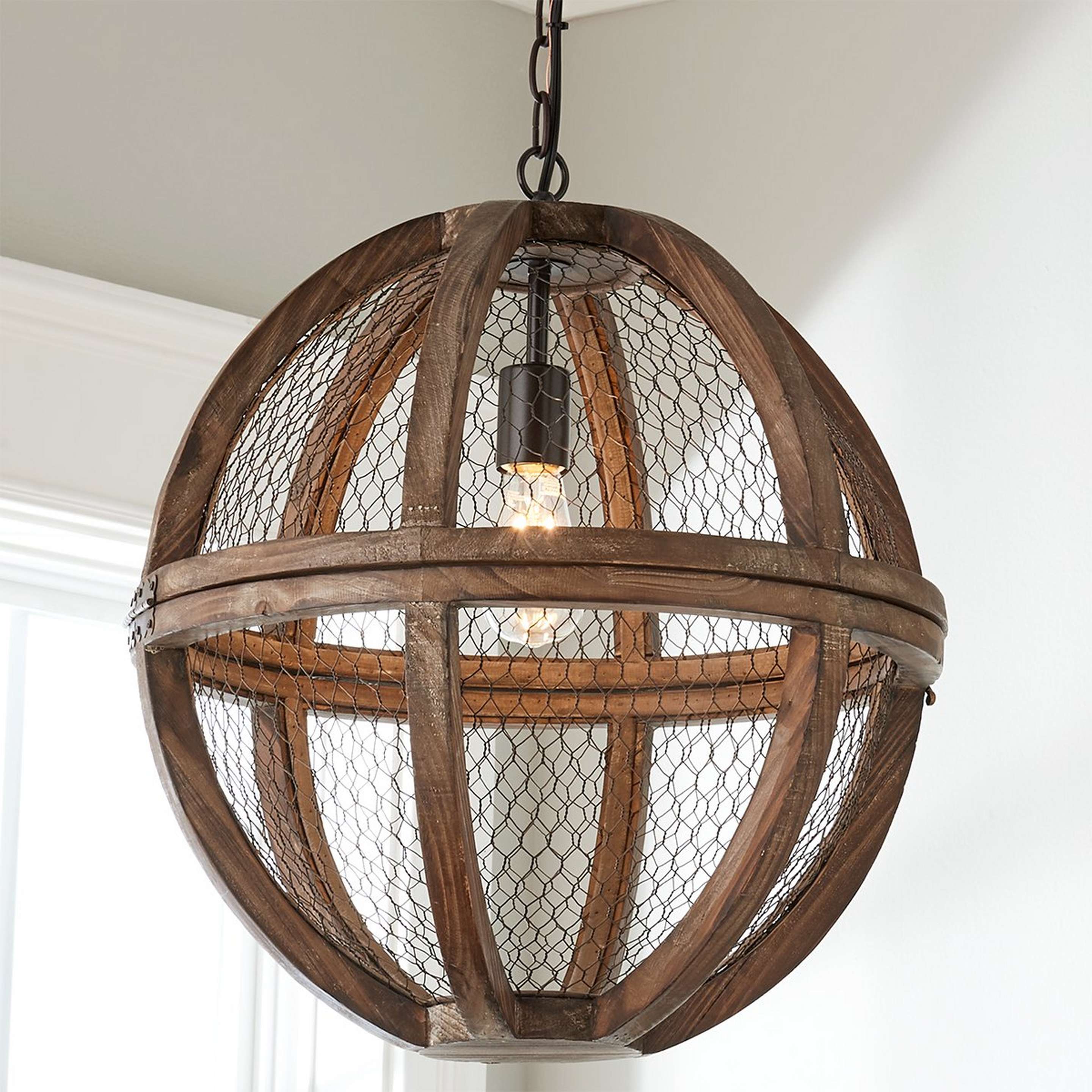 A Simple Chicken Wire Wood Ball Pendant with Oil Rubbed Bronze / Wood color