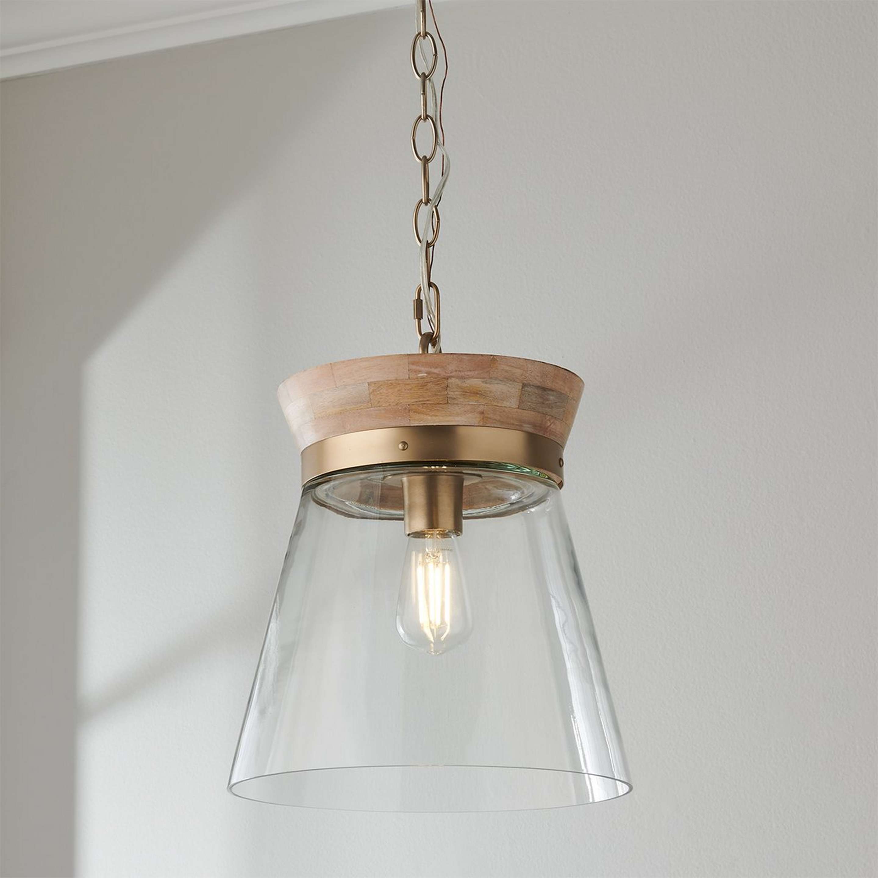 A Tajani Pendant with Matte Brass / Whitewashed Mango Wood / Clear Glass color