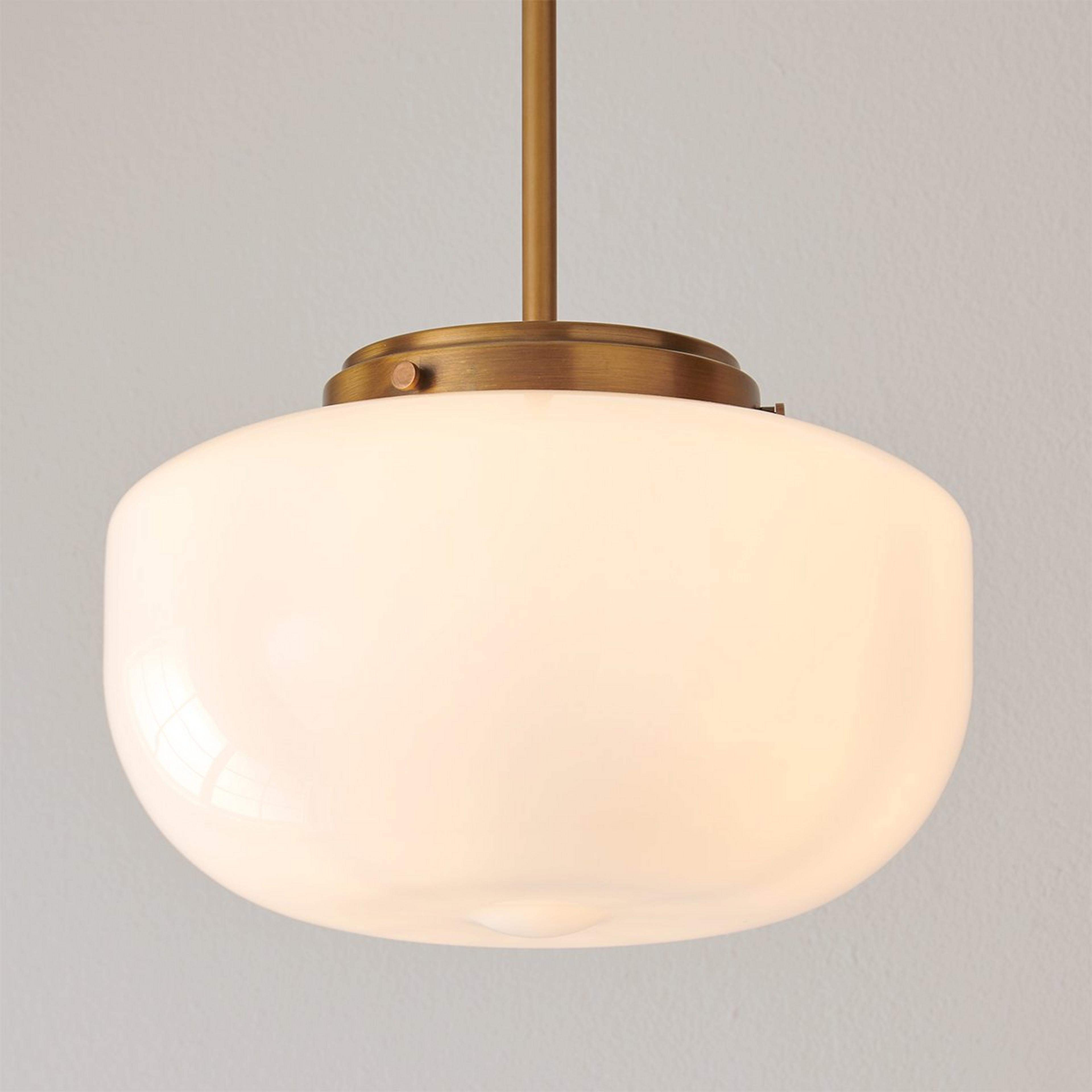 A Erin & Ben Co. Gardiner Schoolhouse Pendant with Satin Brass / Opal Glass color