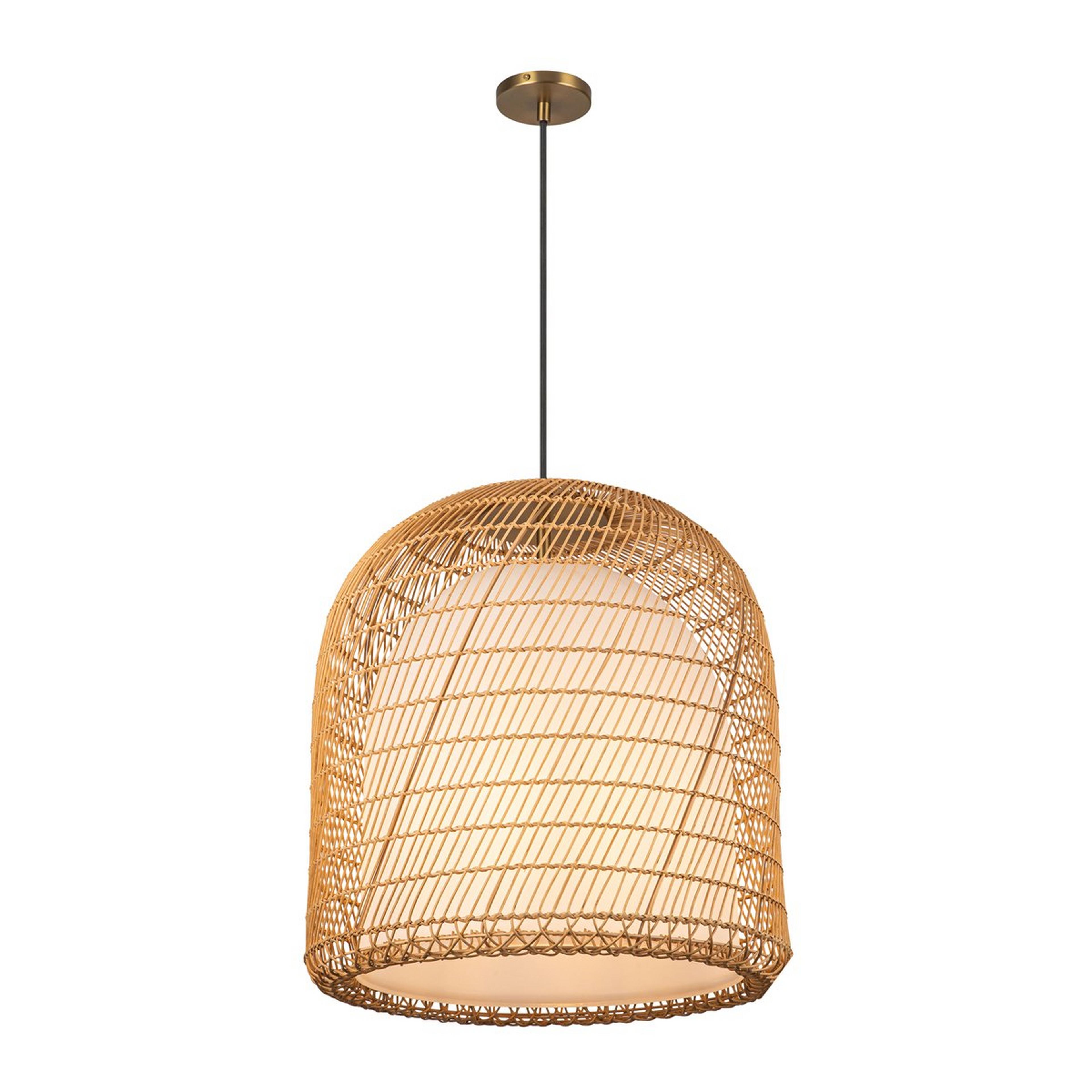 A Nested Dome Pendant - Large with Brushed Gold / Natural Rattan / White Glass color