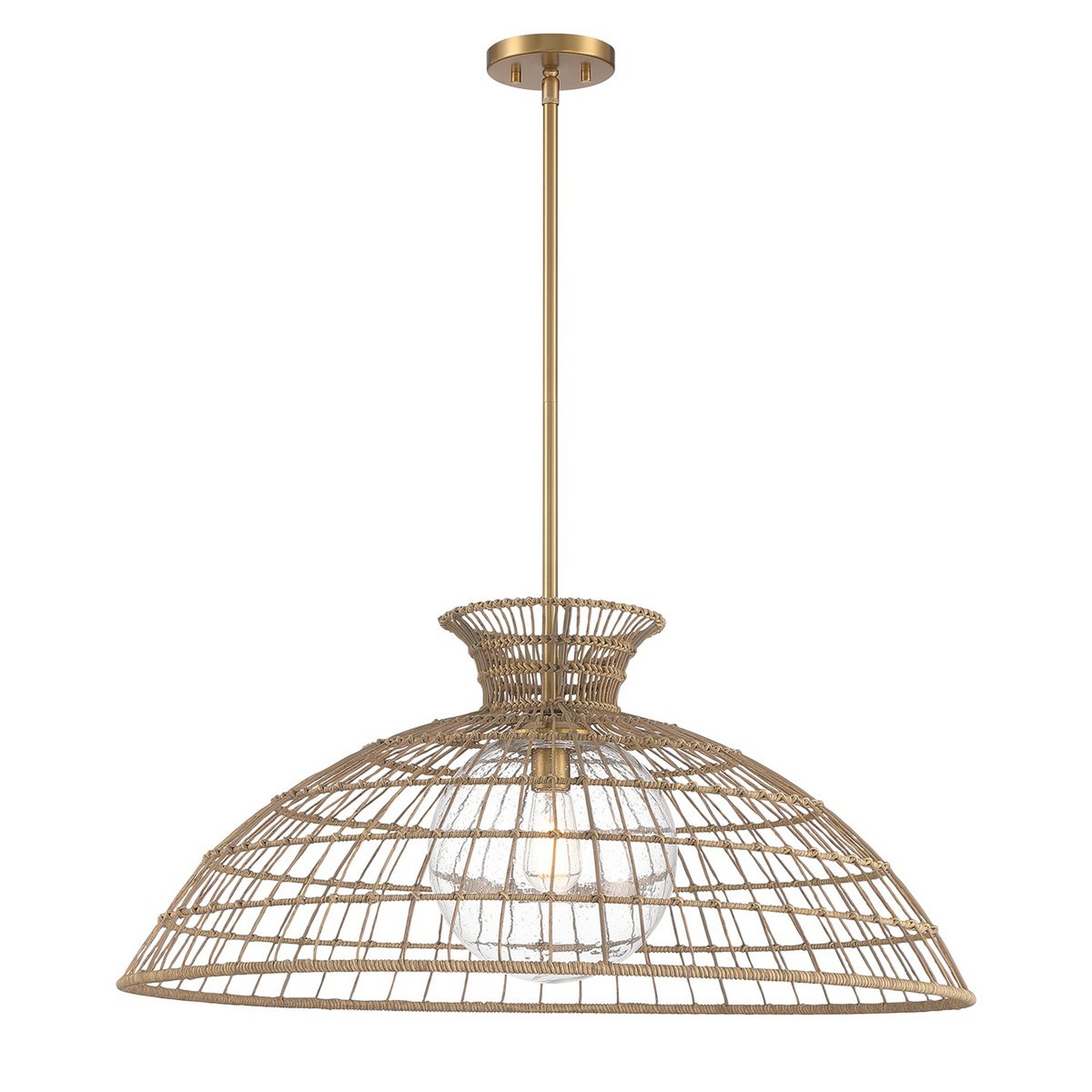A Oarai Pendant with Warm Brass / Natural Rattan / Seeded Glass color
