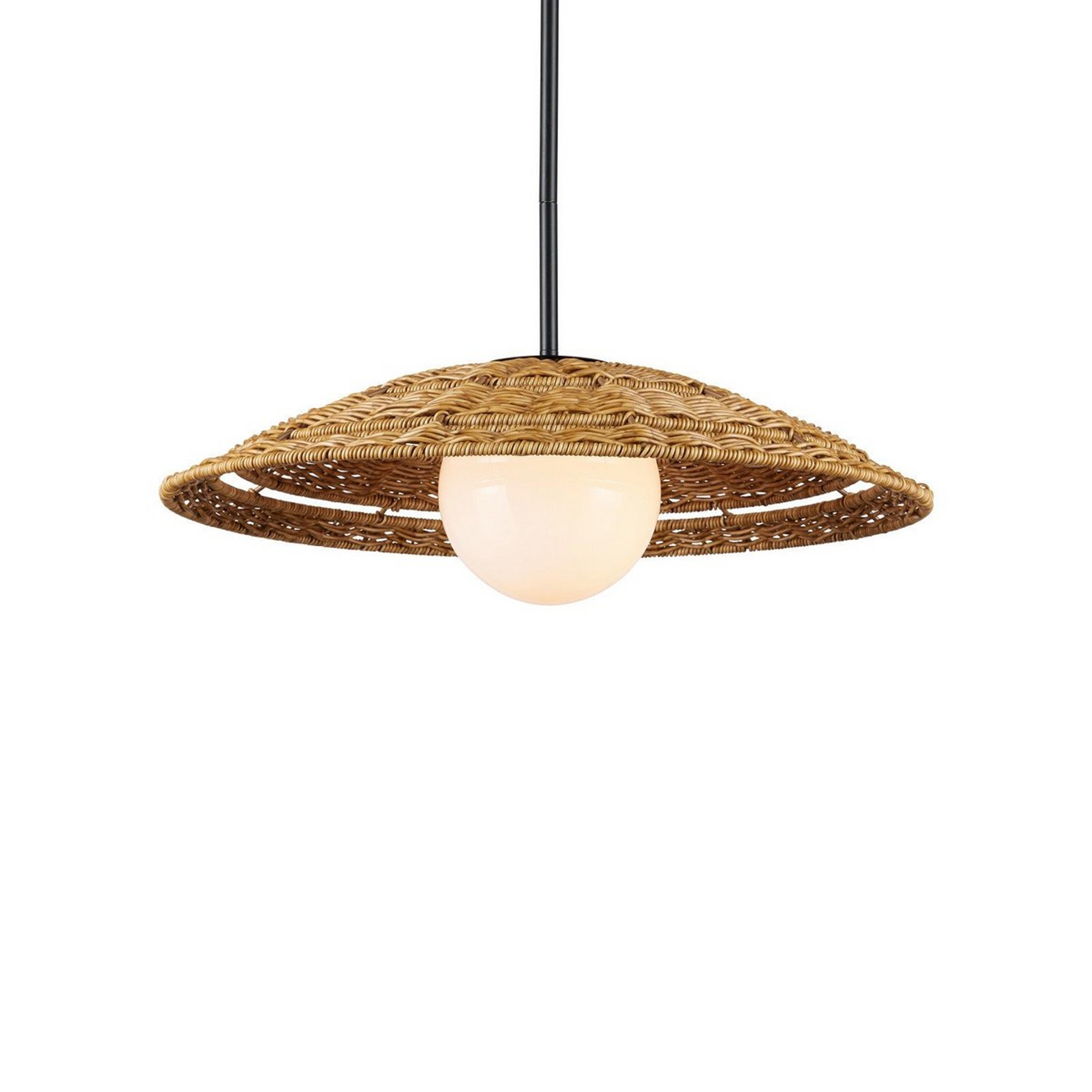 A Makoare Outdoor Pendant - Small with Black / Faux Rattan / Opal Glass color