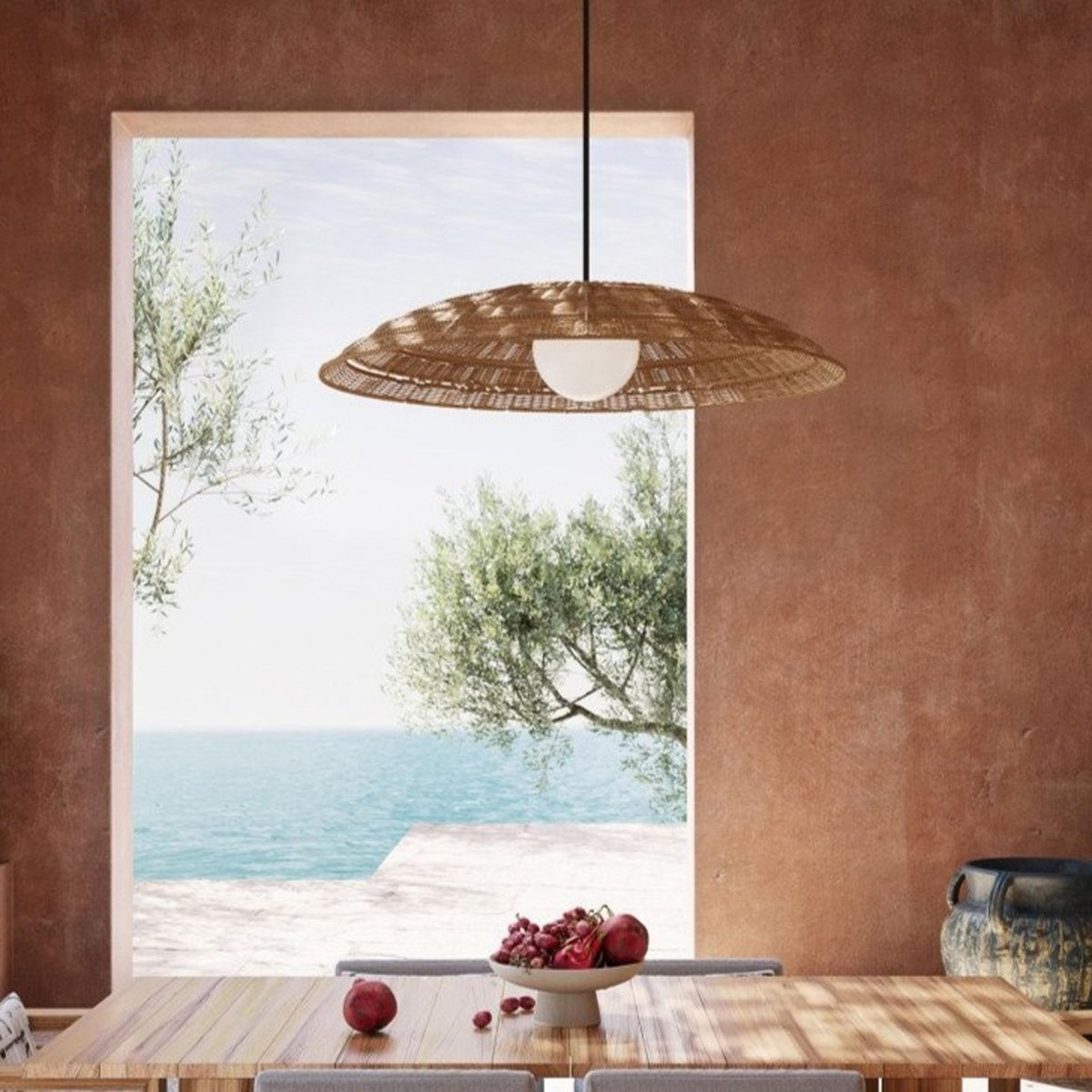 A Makoare Outdoor Pendant - Large with Black / Faux Rattan / Opal Glass color