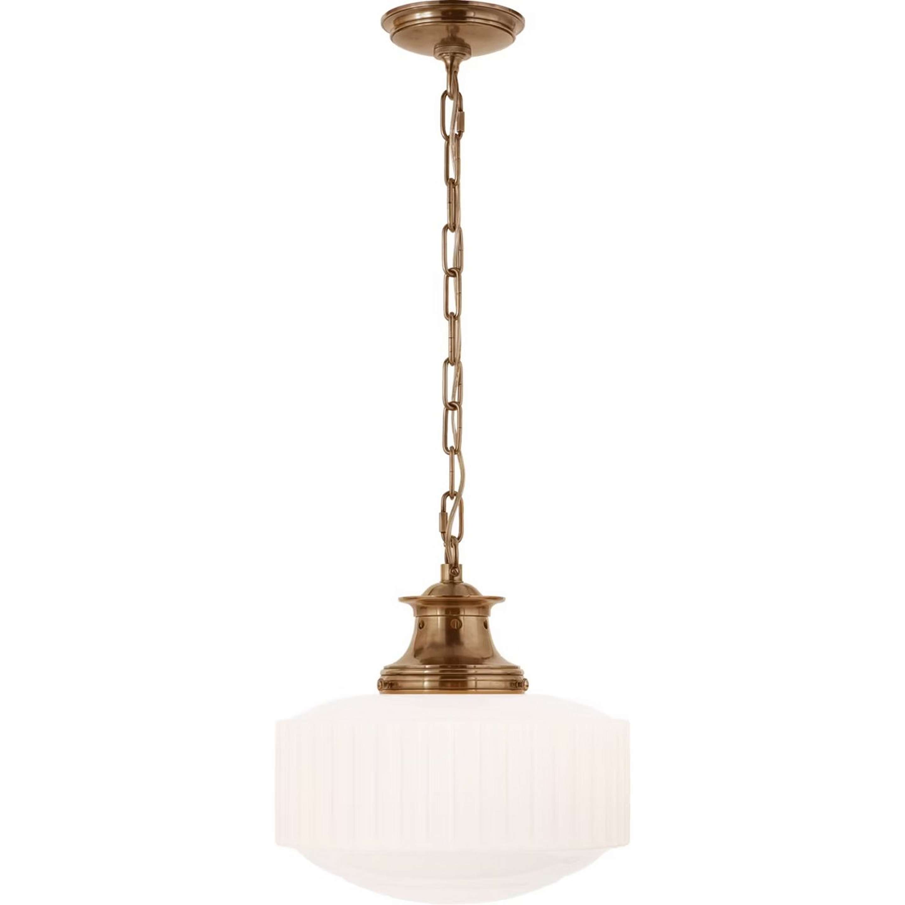A Crawley Schoolhouse Pendant with Hand-Rubbed Antique Brass / Opal Glass color