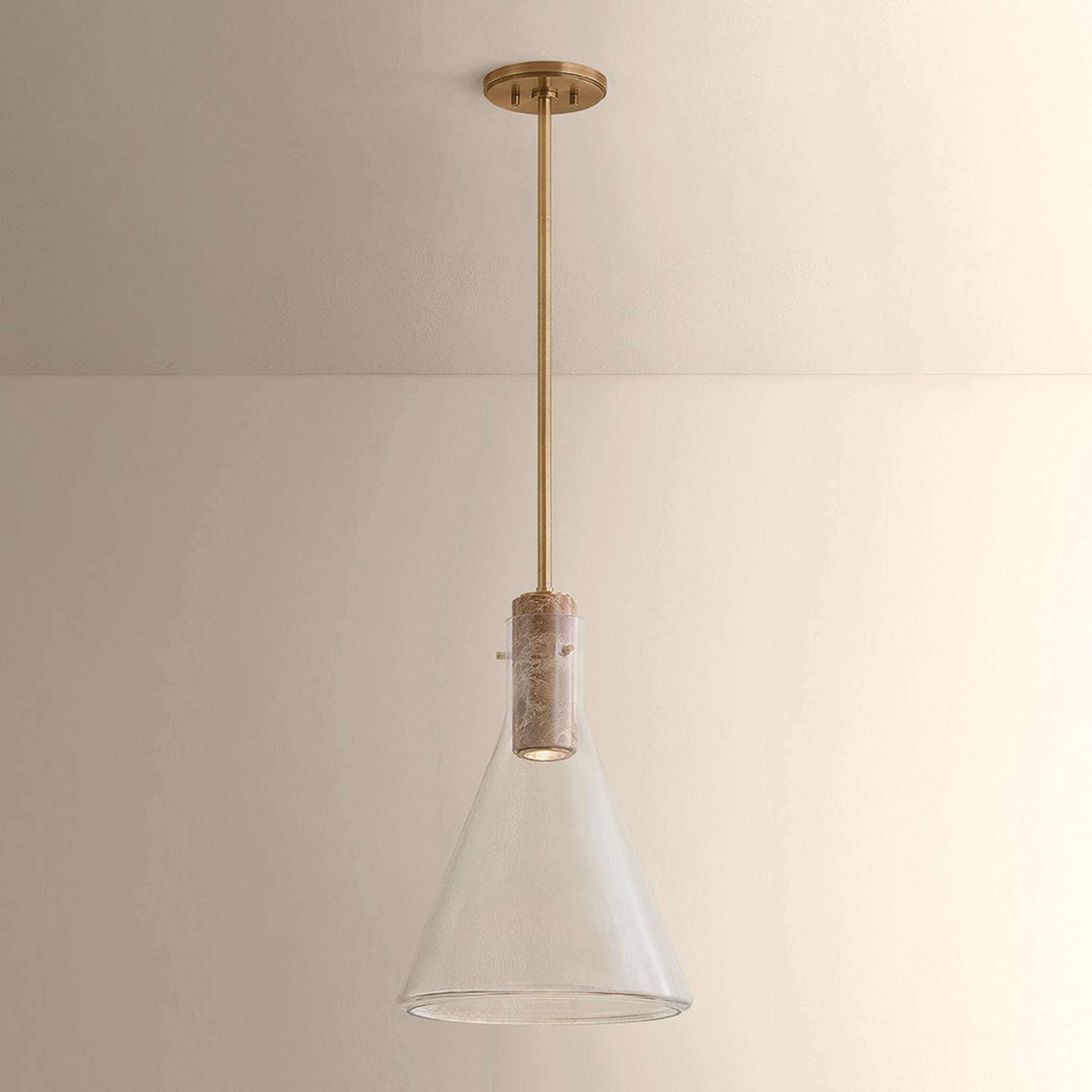 A Clarendon Pendant with Brass / Emperador Marble / Clear Glass color