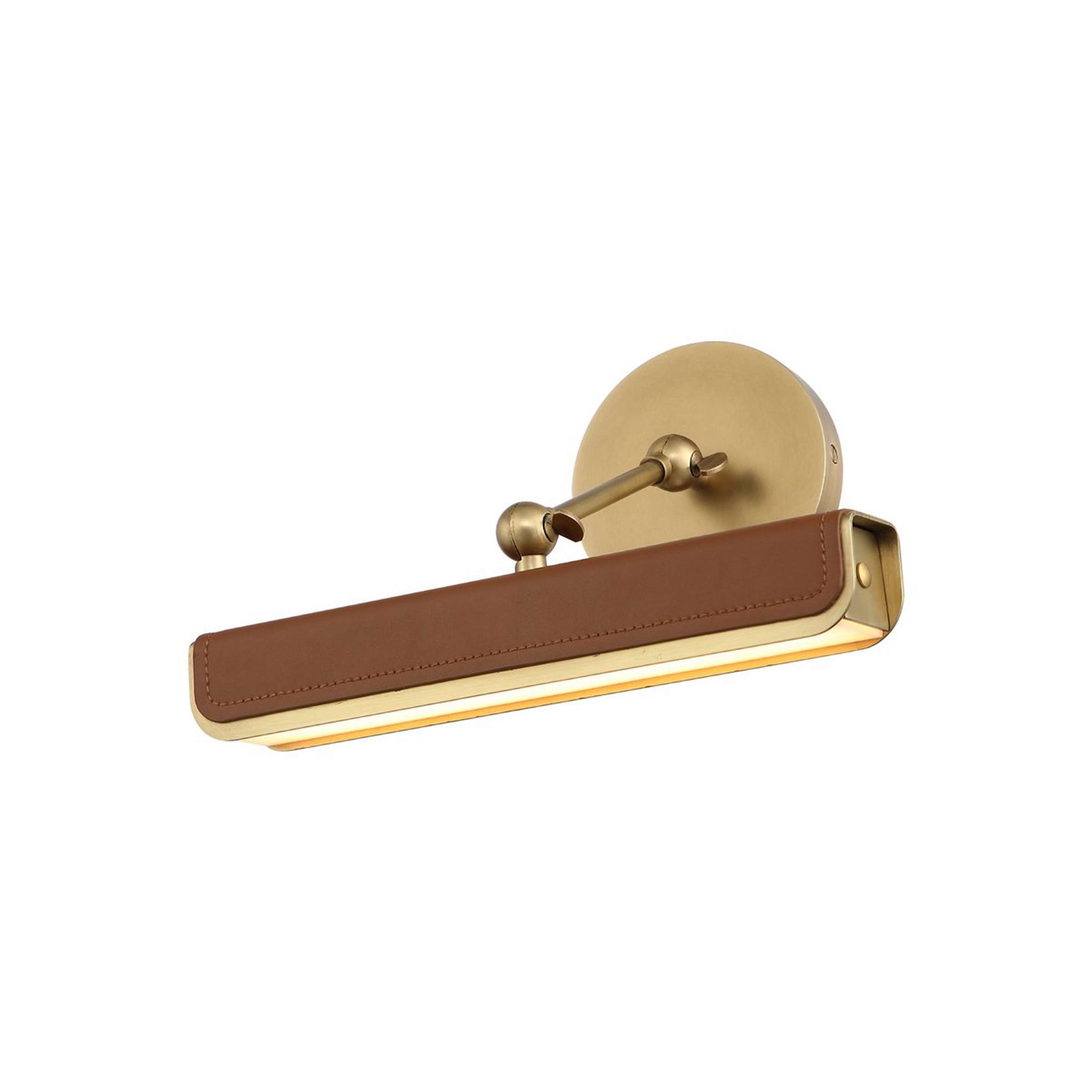 A Karson LED Picture Light with Vintage Brass / Cognac Vegan Leather color