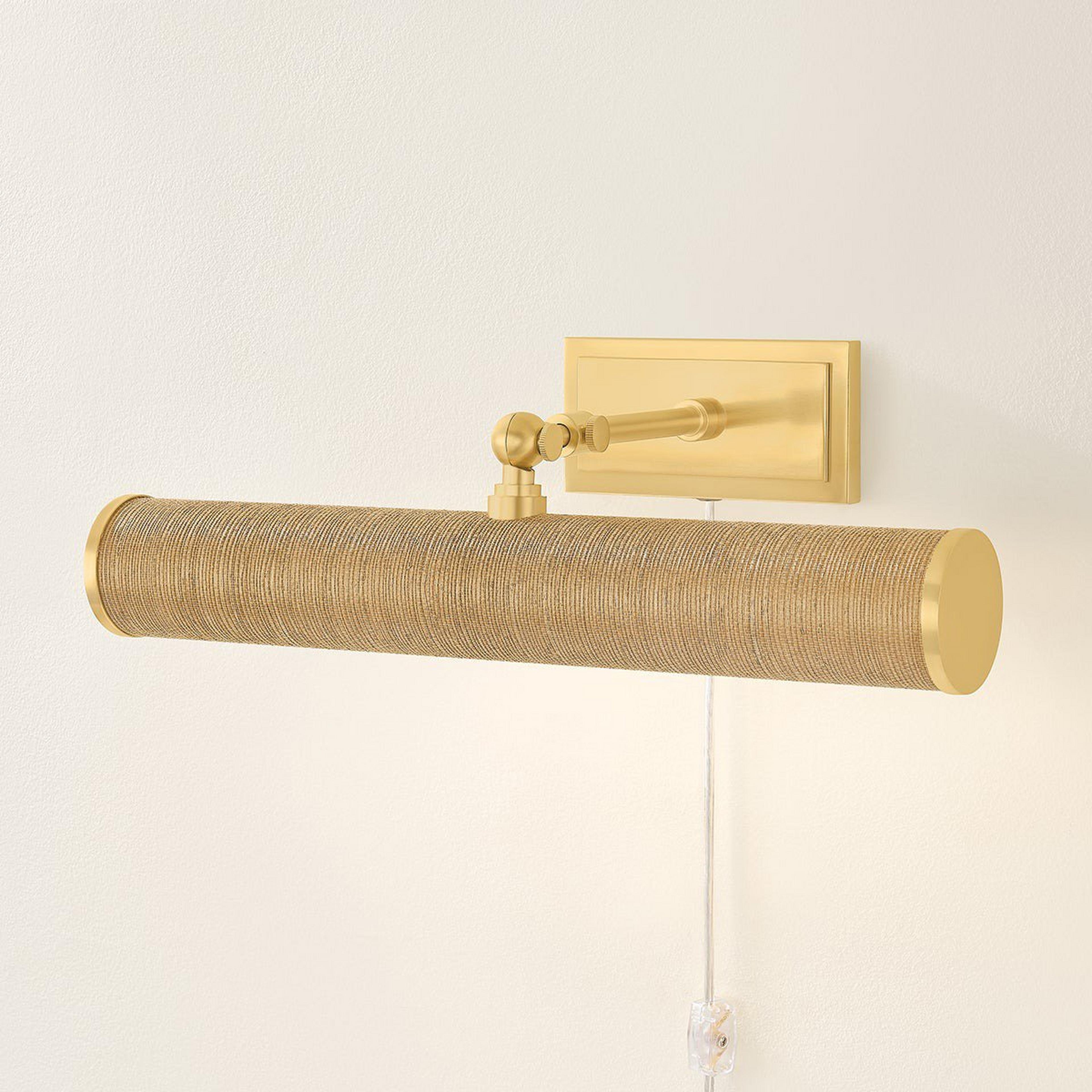 A 16" Retro Cylinder Picture Light - Grasscloth with Antique Brass / Natural Grasscloth color