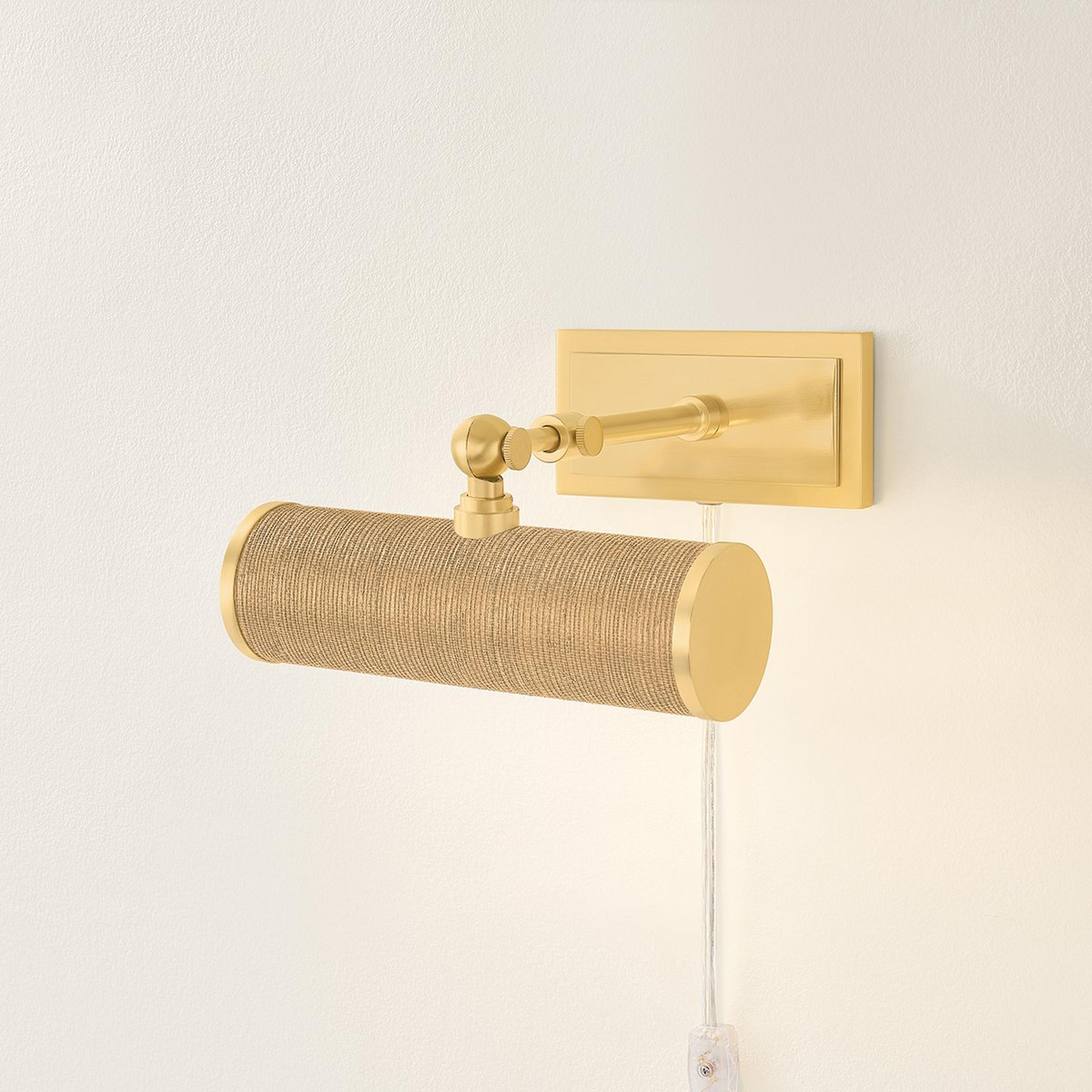 A 8" Retro Cylinder Picture Light - Grasscloth with Antique Brass / Natural Grasscloth color