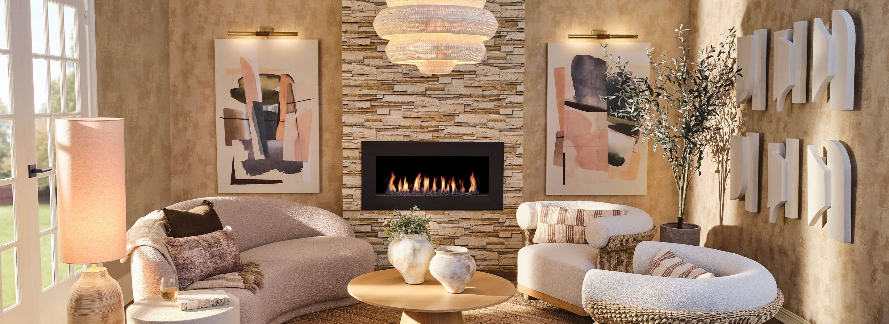 Neutral nomad living room with rattan elements