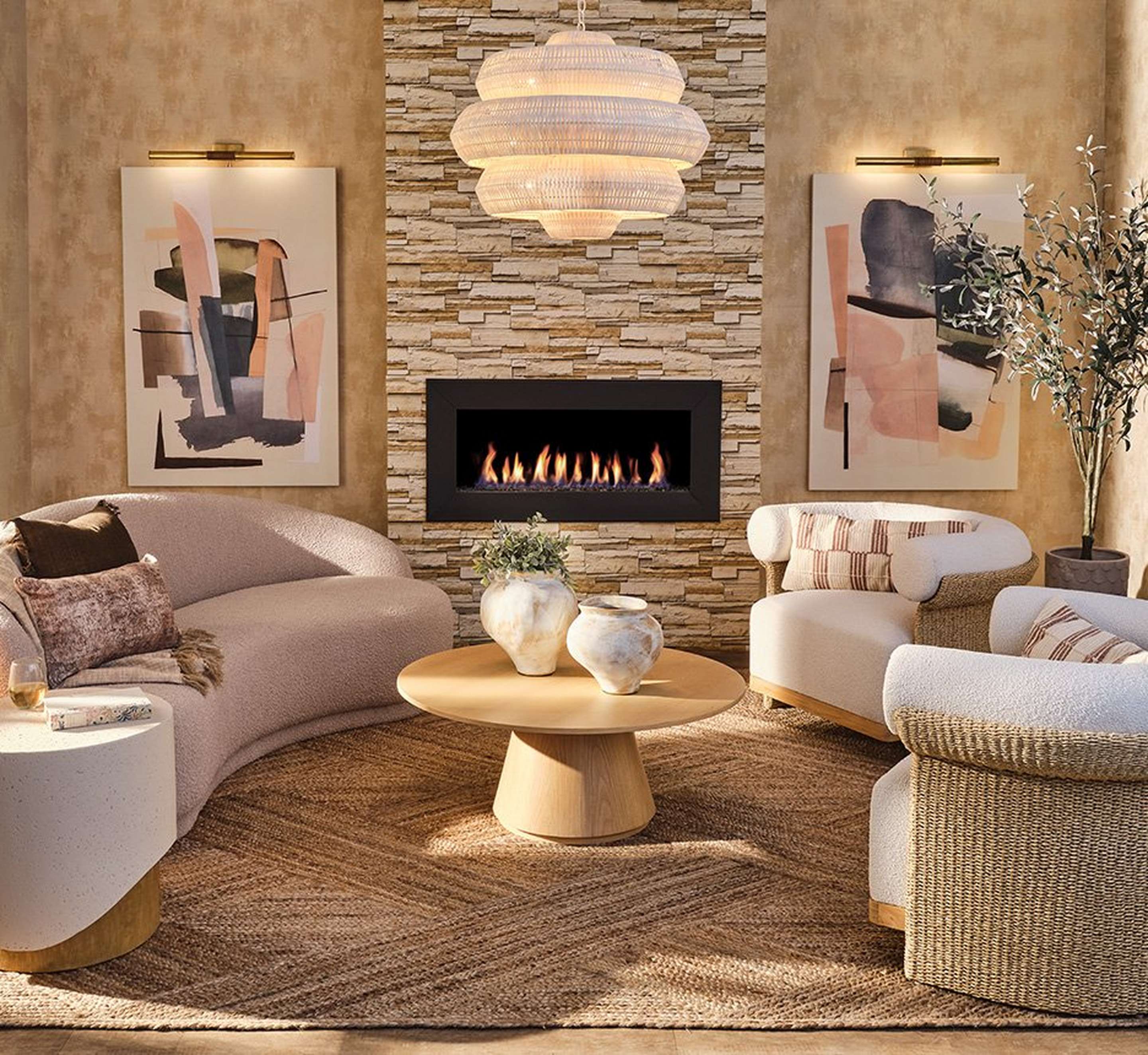 Neutral nomad living room with rattan elements