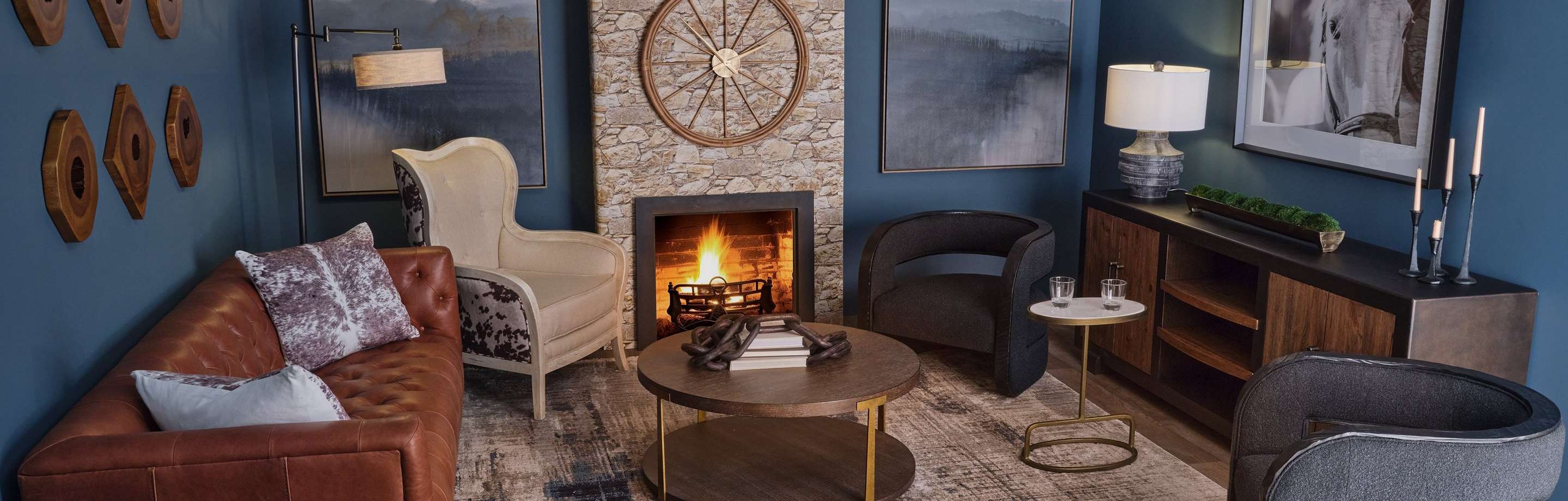 Rustic style living room with leather couch