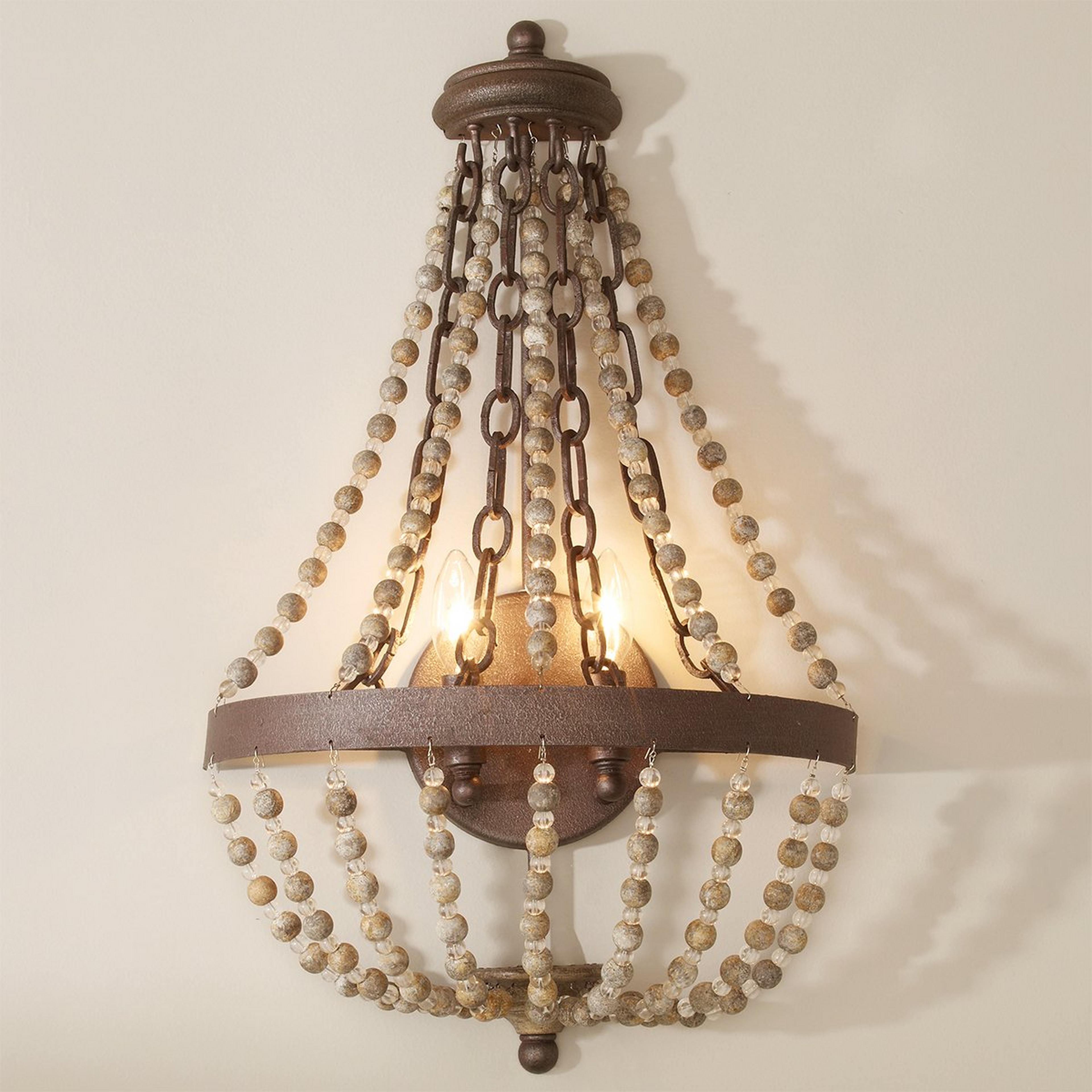 A Rustic French Country Beaded Wall Sconce - 2 Light with Rustic Bronze / Weathered Greige color