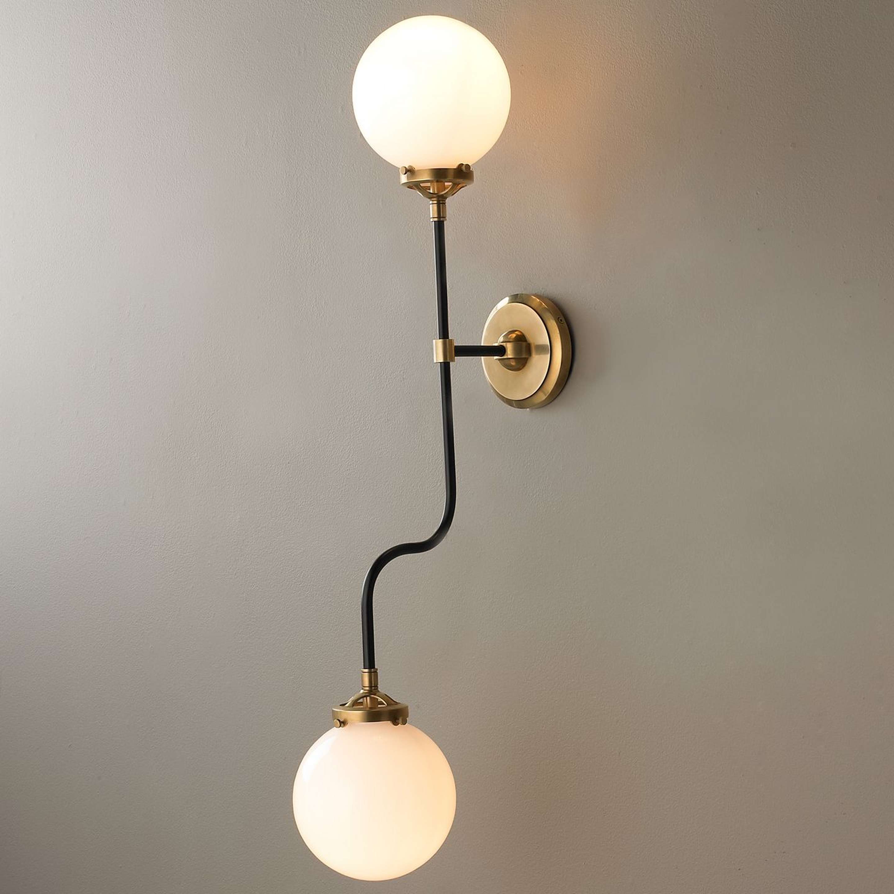 A Mid-Century Parlor Double Sconce with Antique Brass / Black / White Glass color