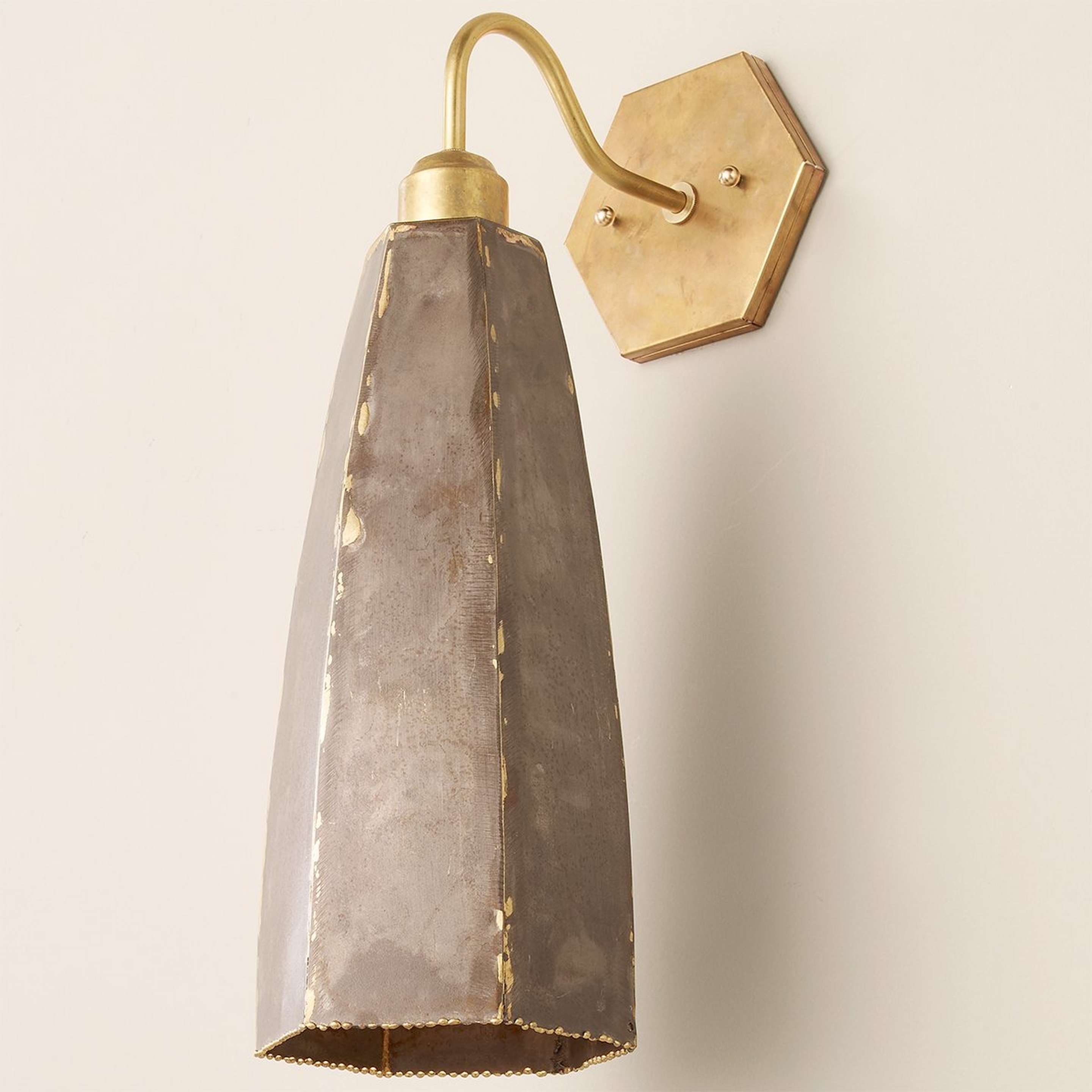 A Rustic Steel Hexagon Sconce with Raw Brass / Galvanized Steel color