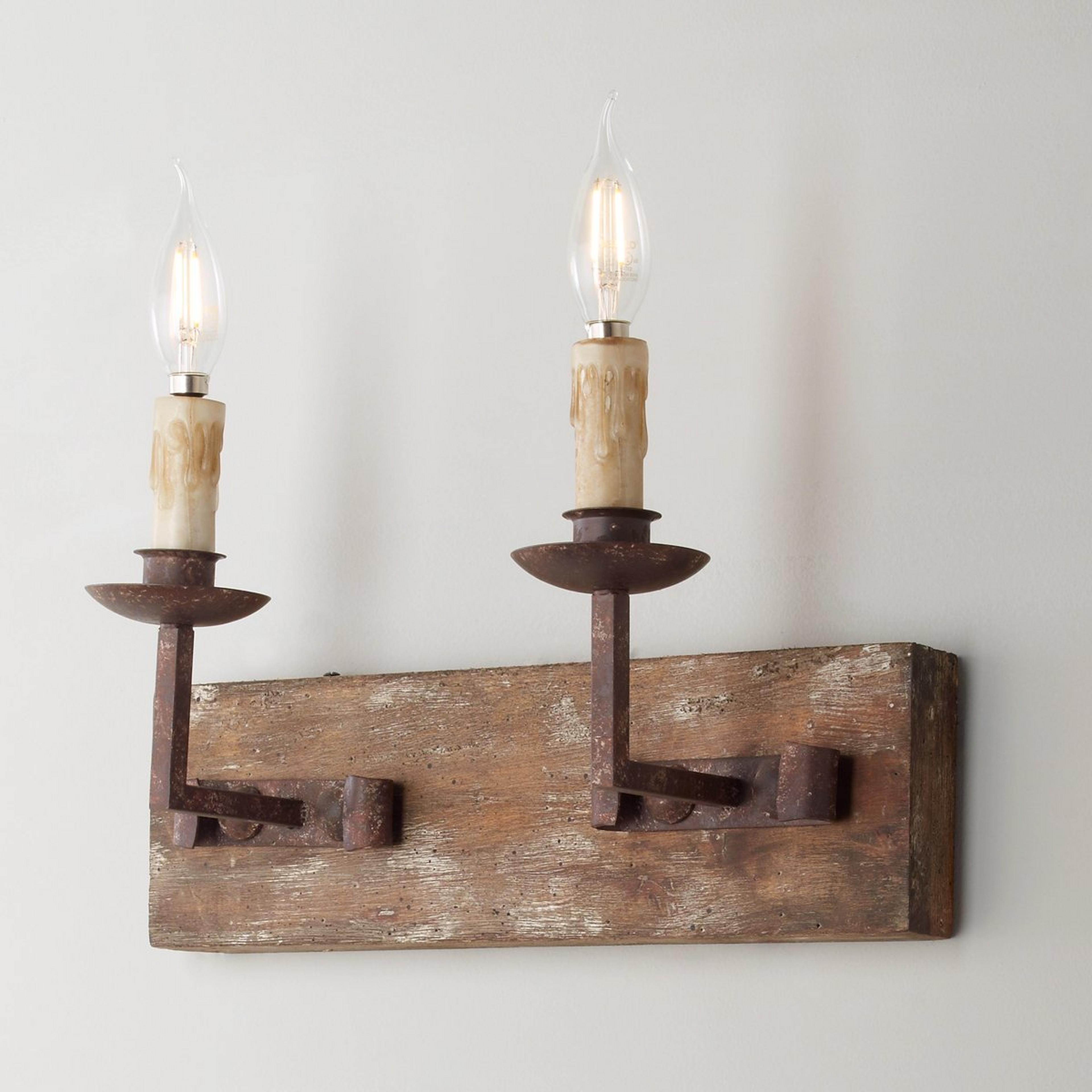 A Rusted Iron and Plank Sconce - 2 Light with Weathered Wood / Antiqued Iron color