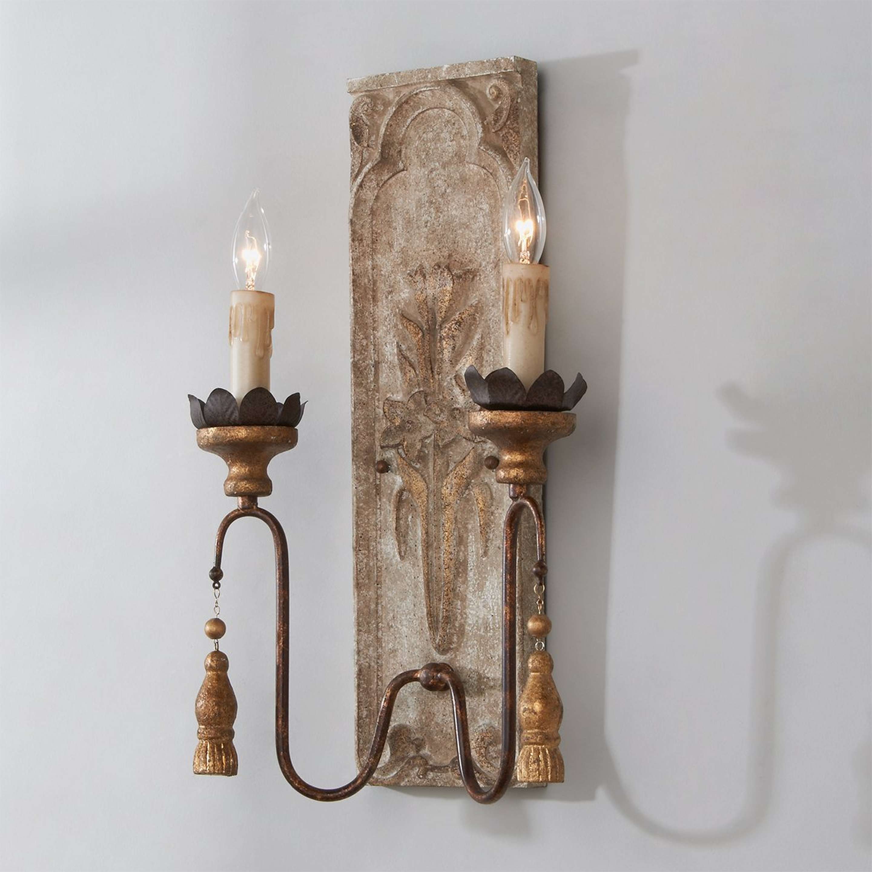 A Wood and Iron Carved Floral Sconce with Distressed Iron / Distressed Wood / Gold color