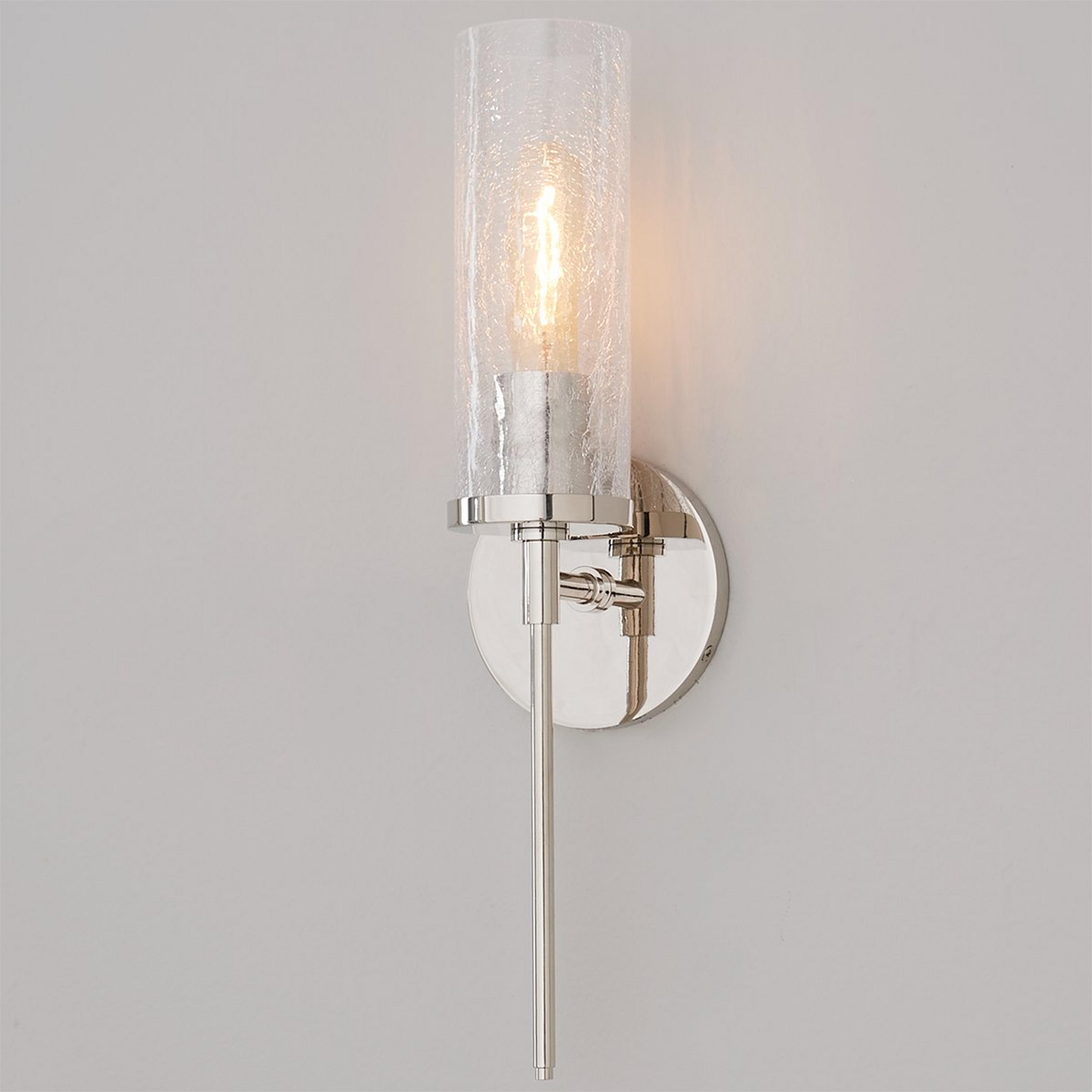 A Pencil Arm and Crackle Glass Sconce with Polished Nickel color