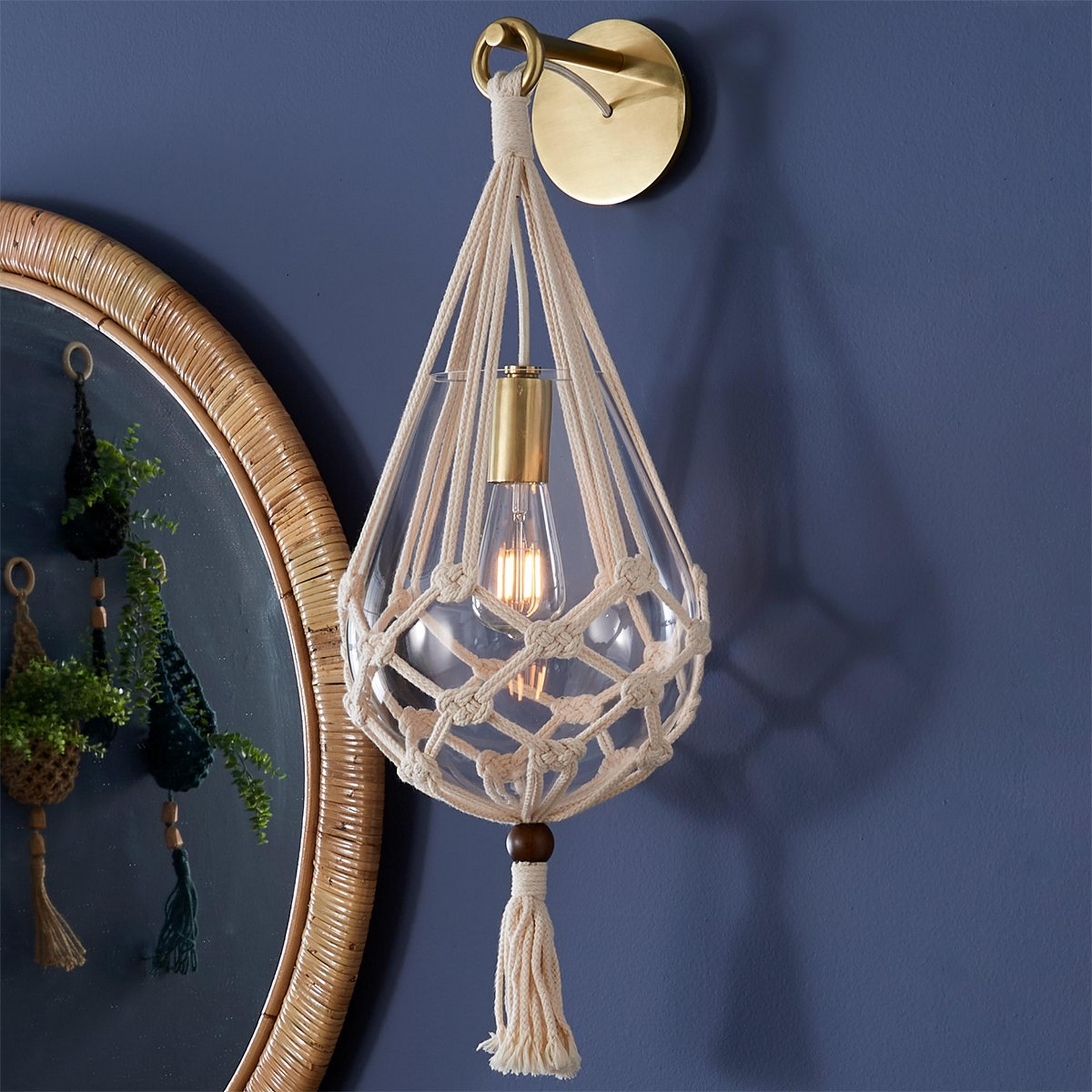 A Boho Carrick Sconce with Aged Brass / White Rope / Clear Glass color