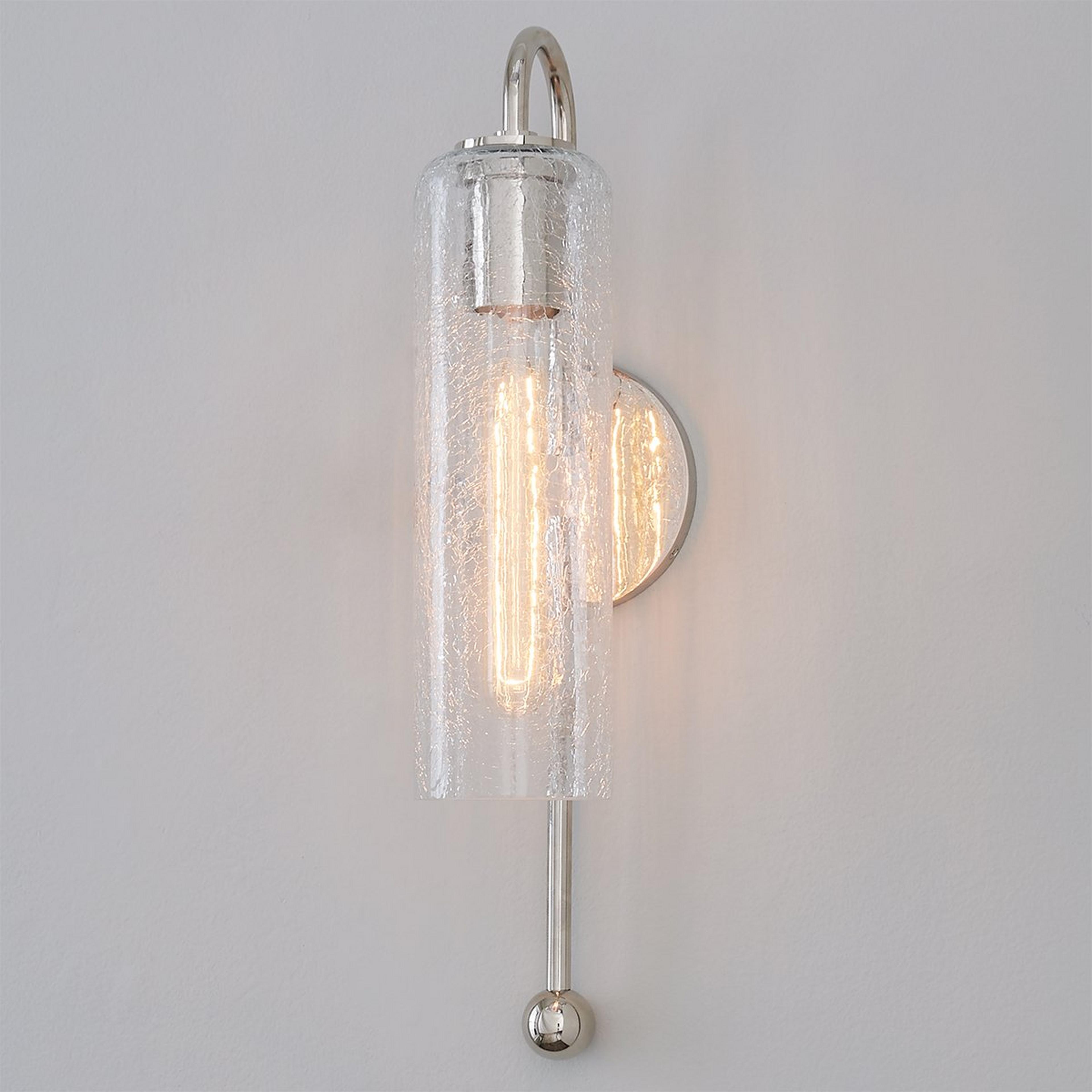 A Beverly Hills Sconce with Polished Nickel / Crackle Glass color