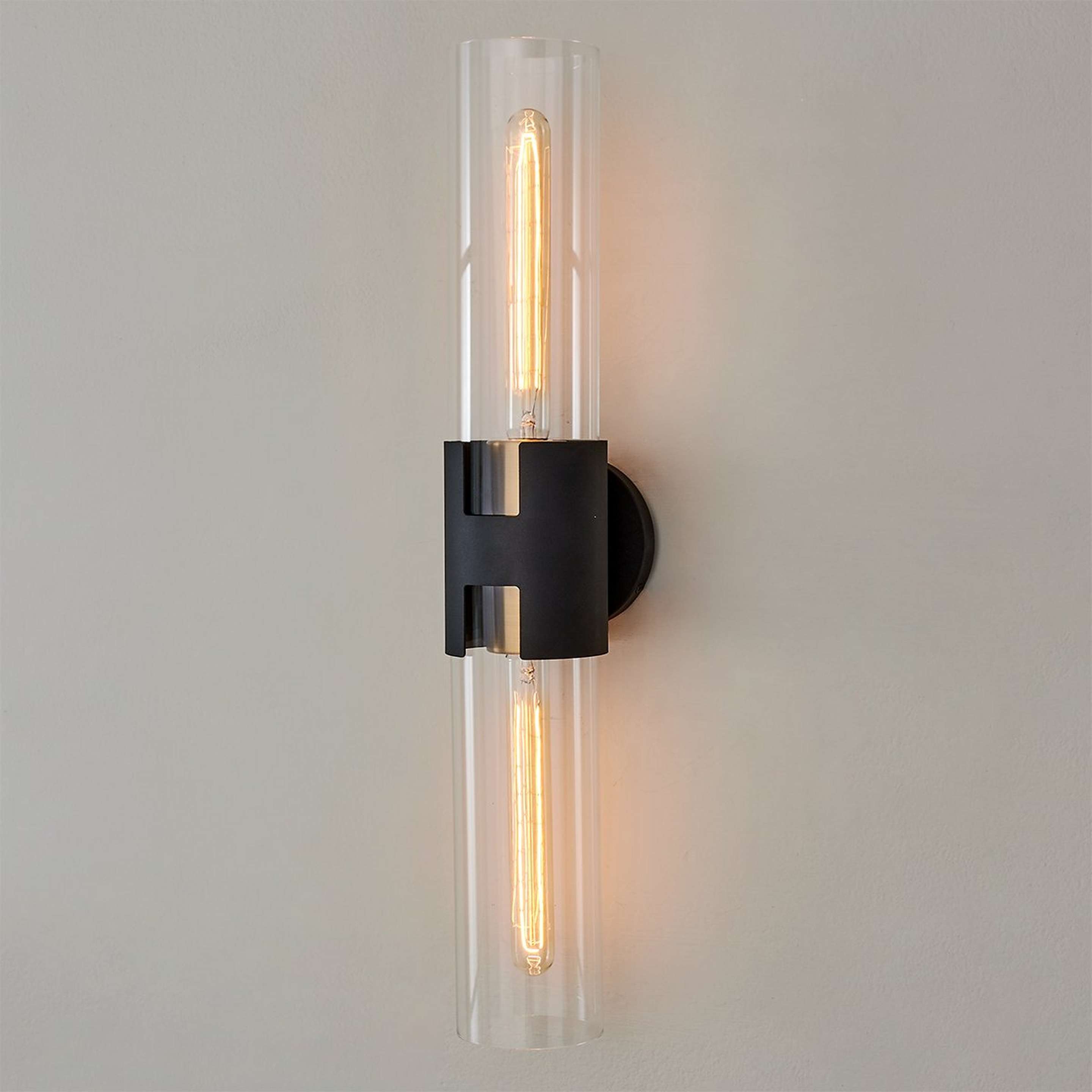 A Mixed Metal Tube Sconce - Large with Black / Patina Brass / Clear Glass color