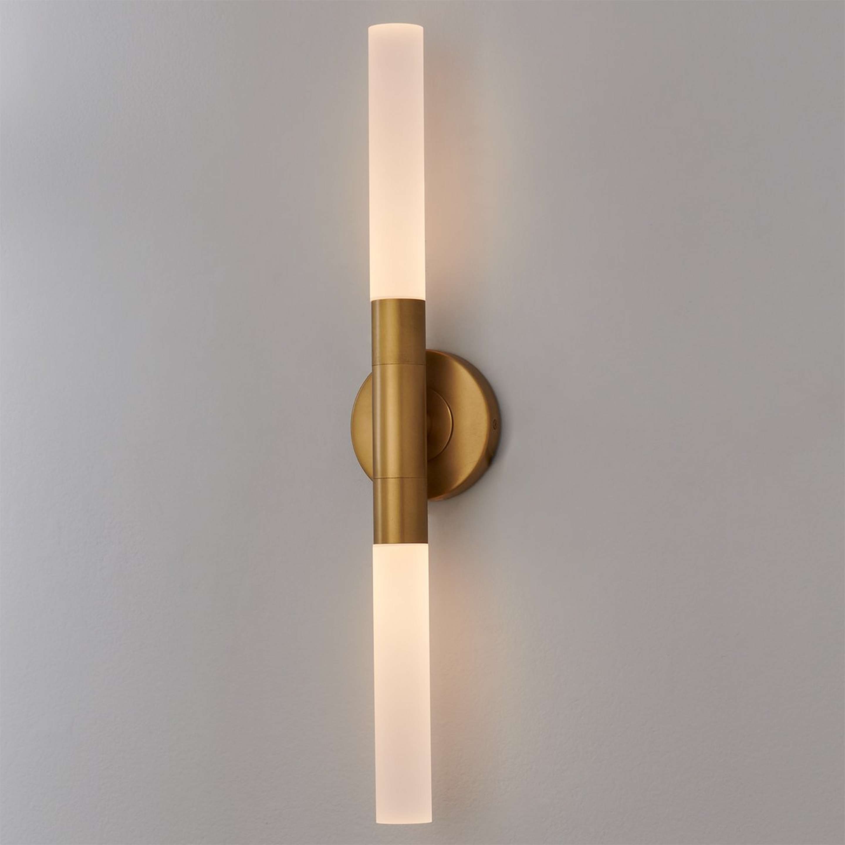 A Thadeo Double Sconce with Natural Brass / Frosted Acrylic color