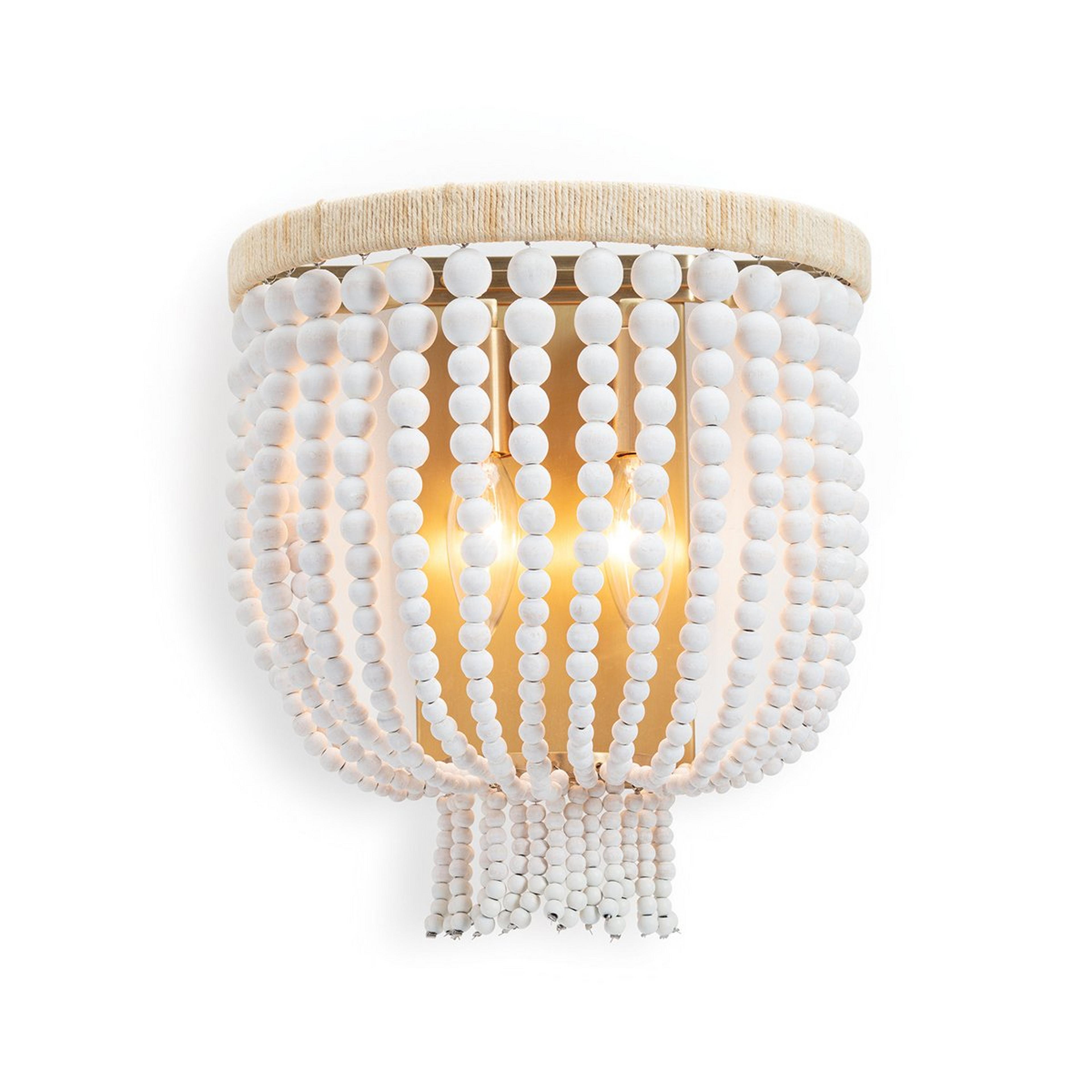 A Boho Cottage Sconce - Rounded Stone with Brass / Rattan / White color