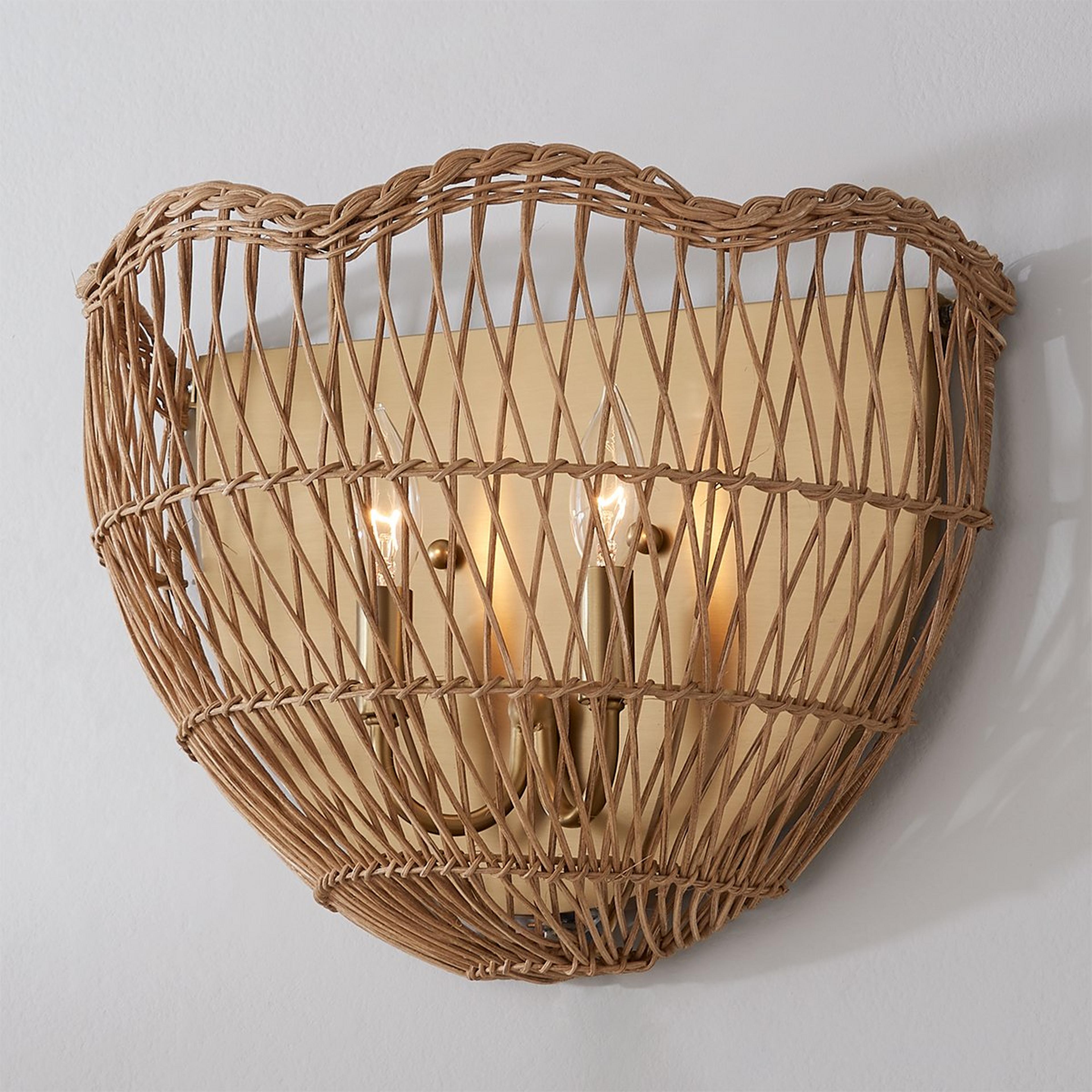 A Young House Love Scallop Rattan Sconce with Aged Brass / Rattan color